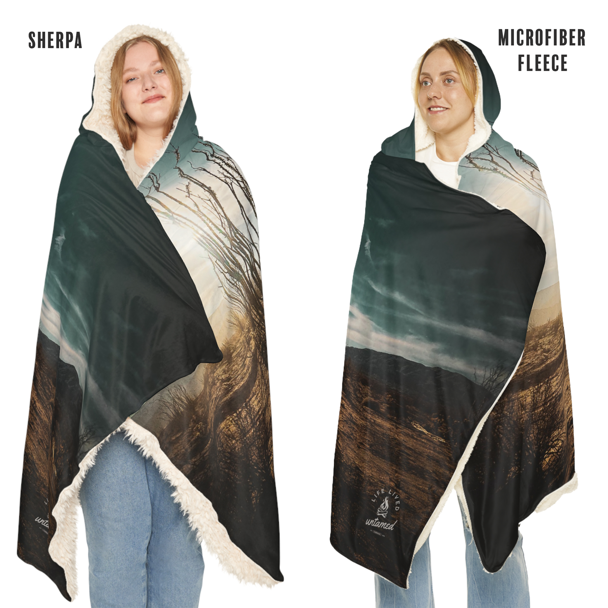 Two people wearing a large hooded blanket with a landscape design, labeled 'Sherpa' and 'Microfiber Fleece'.