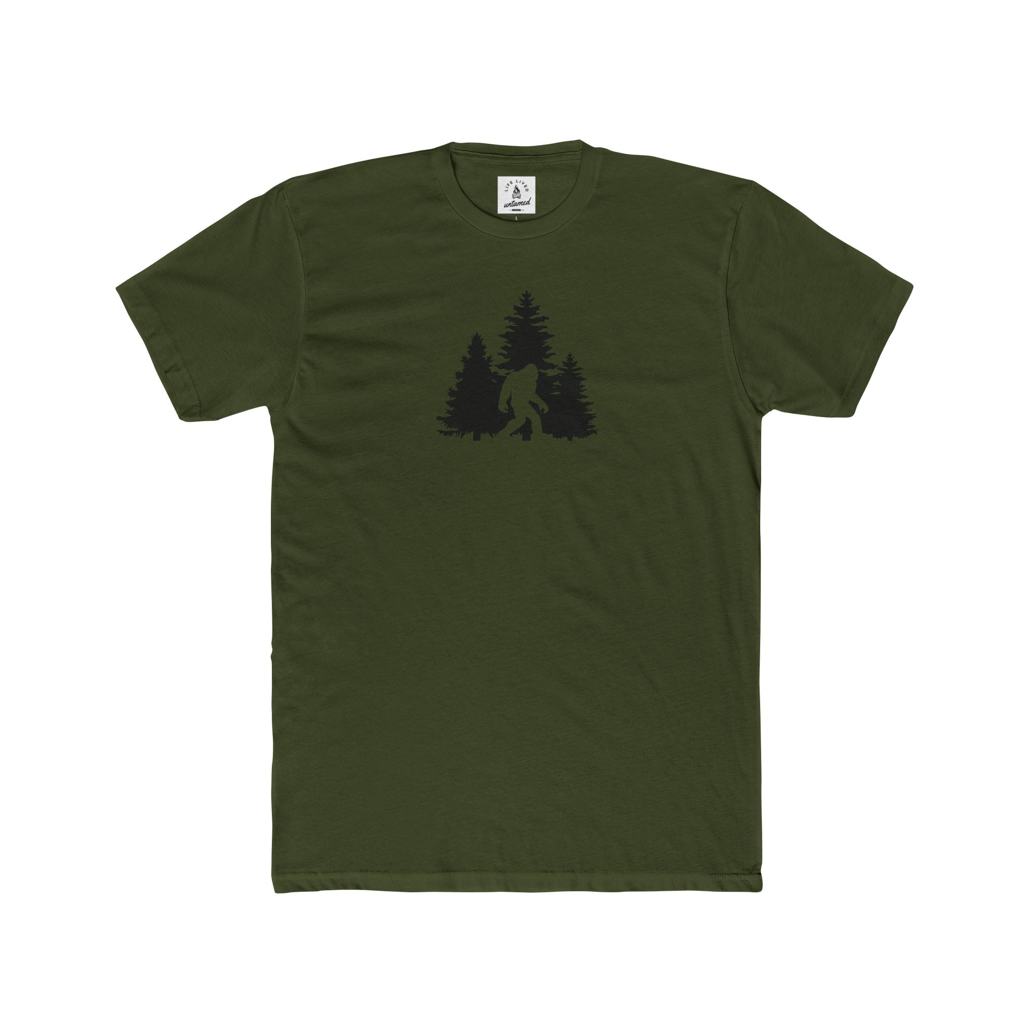 MilitaryGreen t-shirt with a black graphic of a bigfoot and trees on a white background