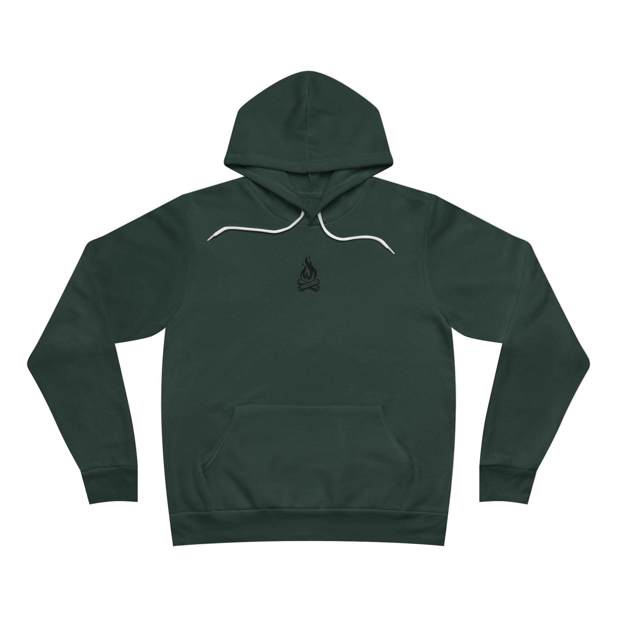 Forest Green hoodie with a small campfire design in the chest