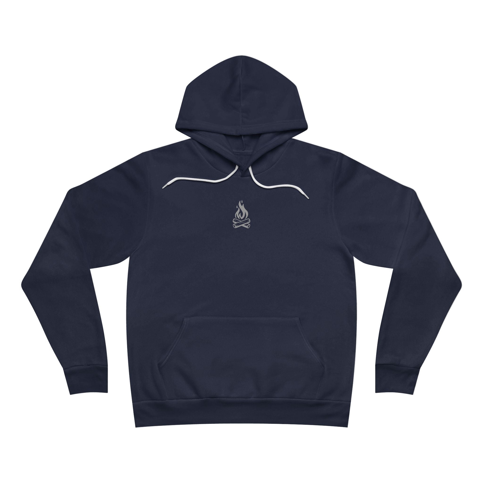 Navy blue hoodie with a small campfire in the center of chest area