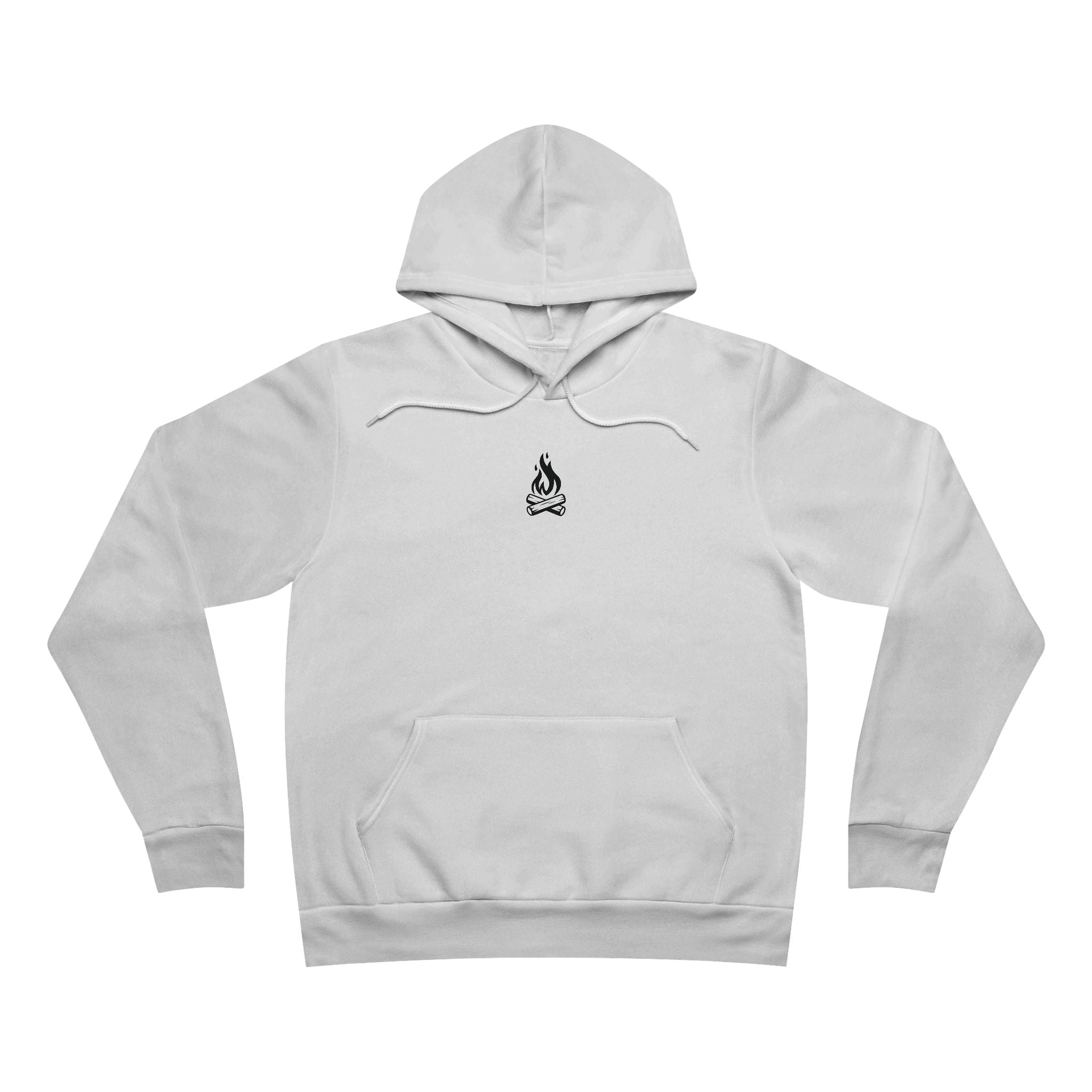 White hoodie with a small campfire in the center of chest area
