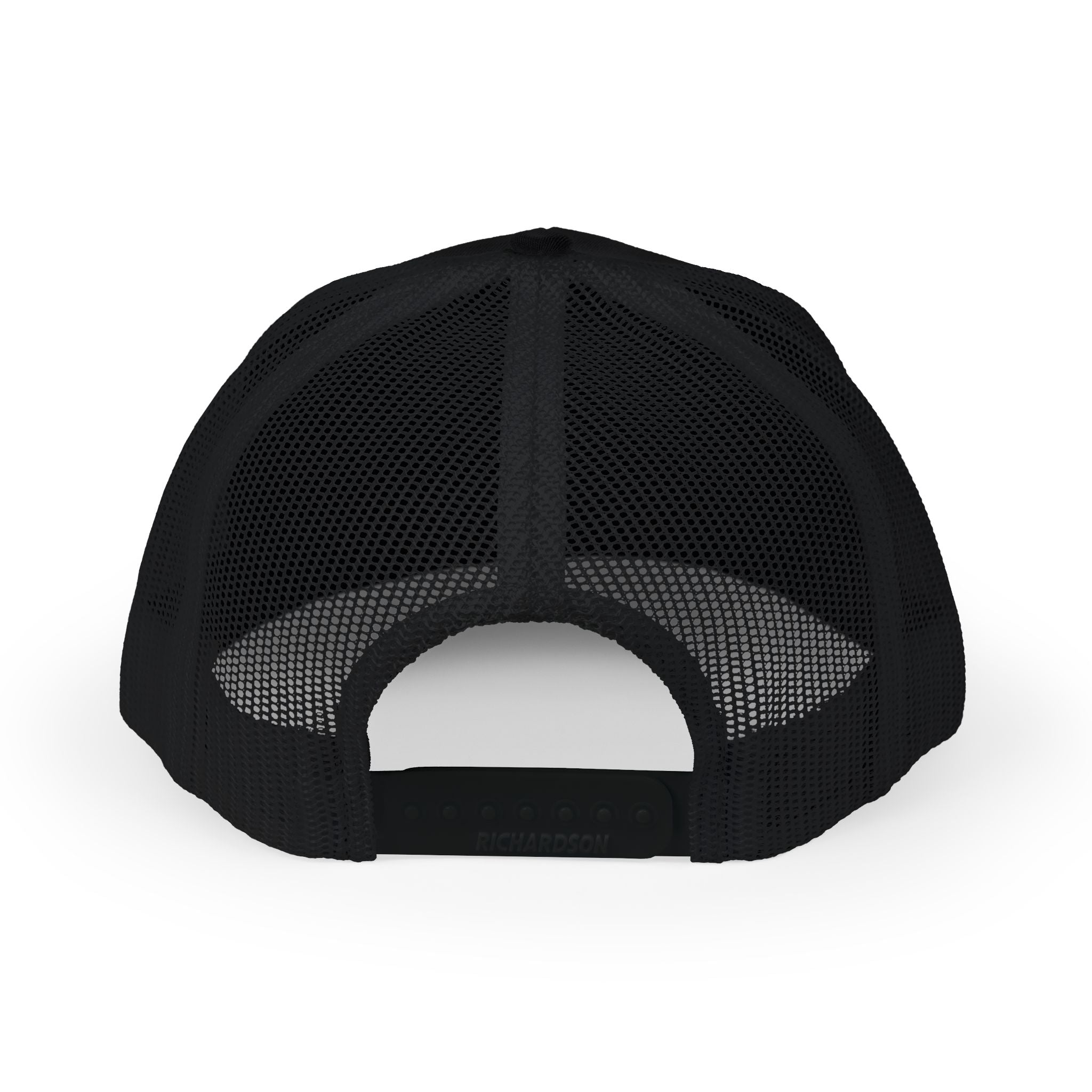 A meshed back of a trucker hat on a white background