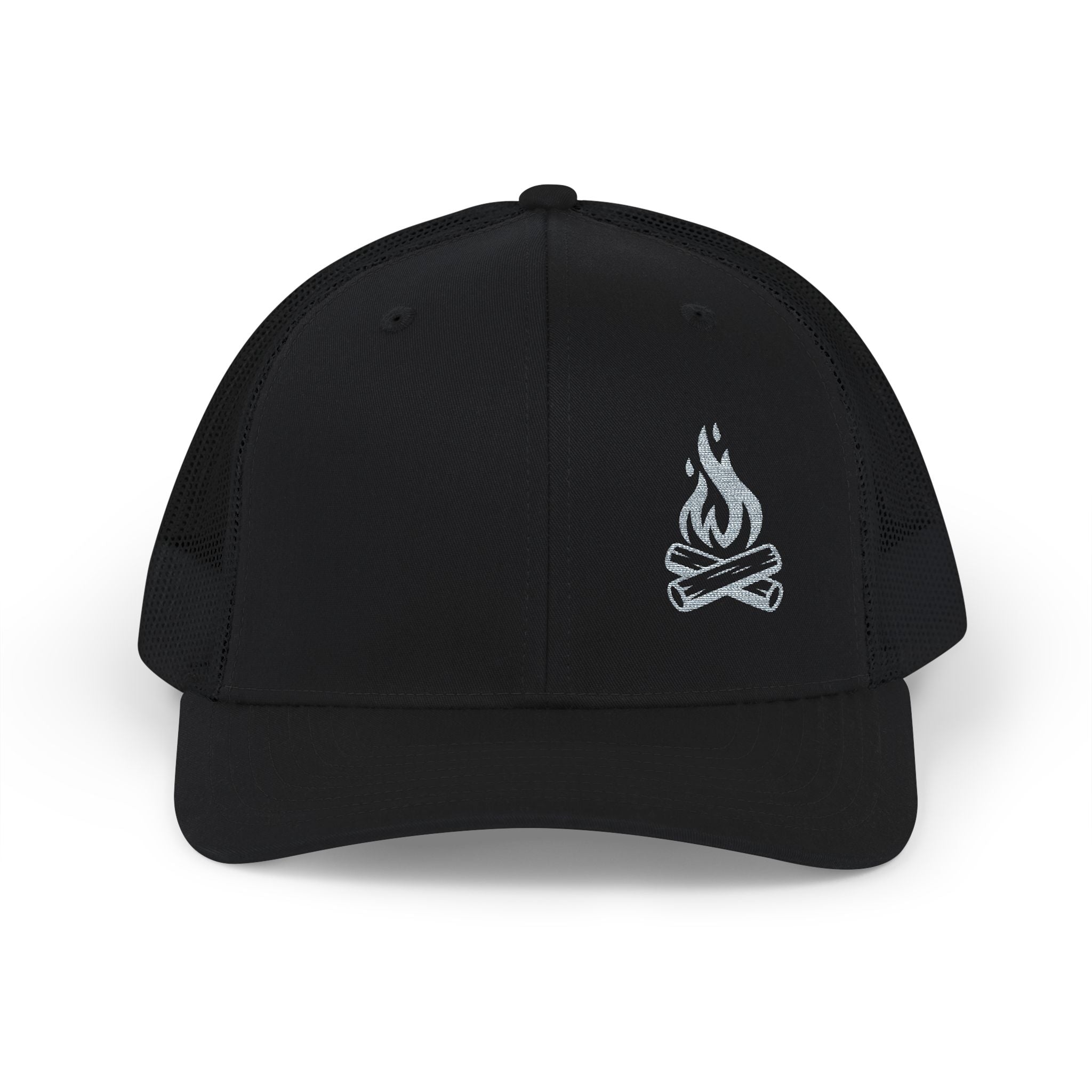 Black cap with a gray campfire logo on a white background