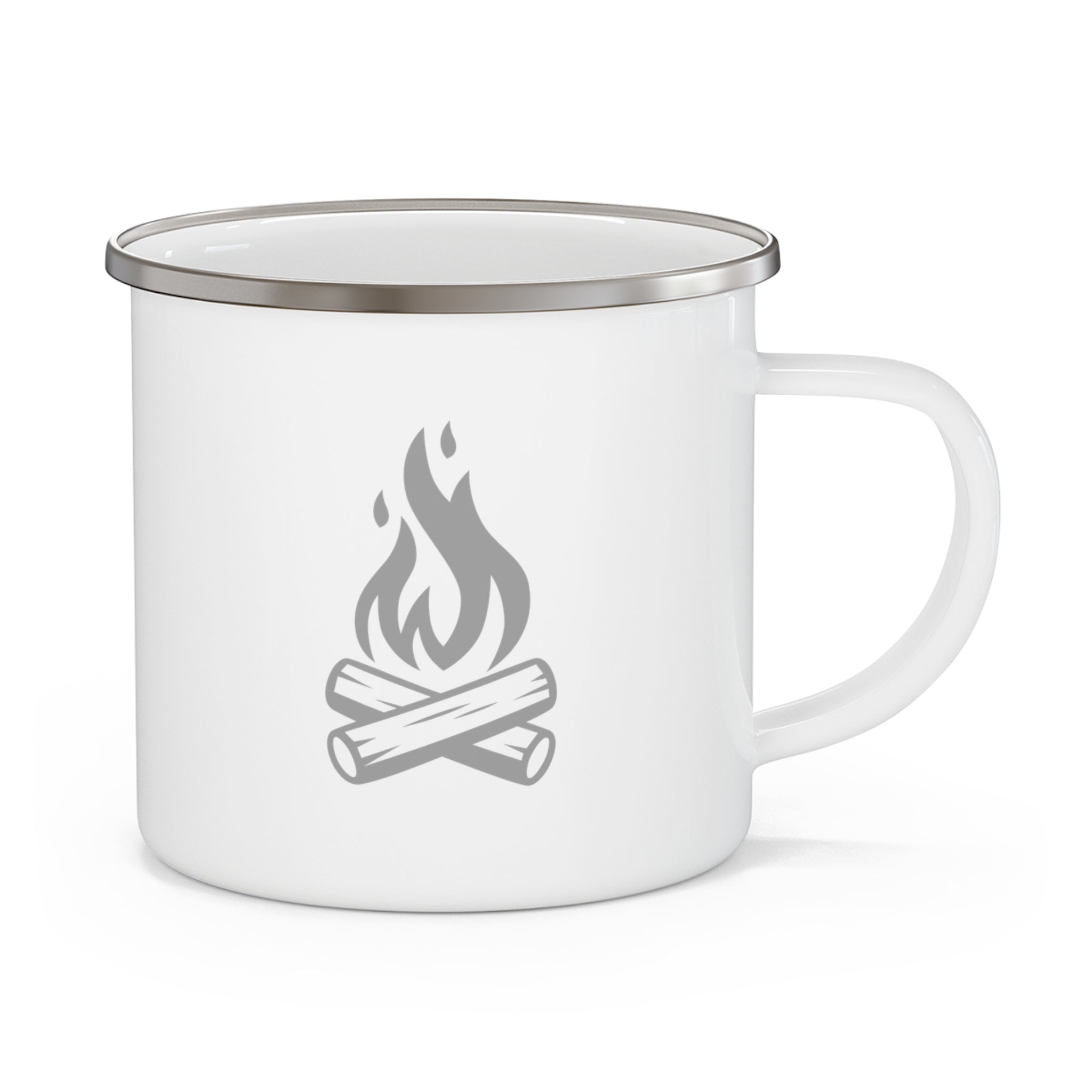 White enamel mug with a campfire design on it.