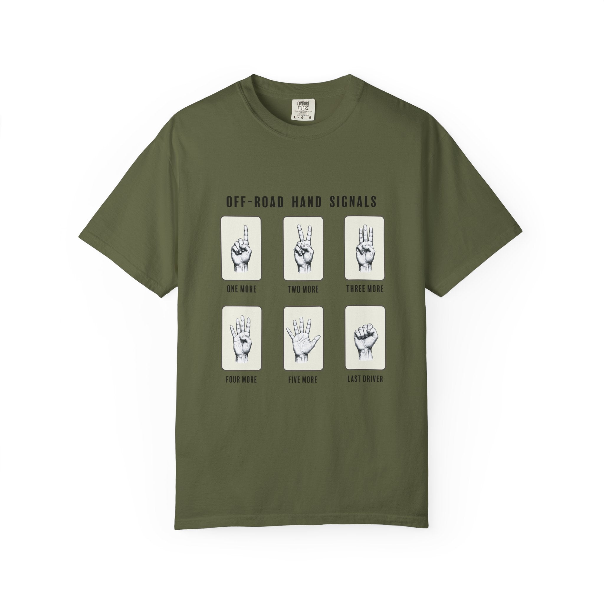 Hemp t-shirt with off-road hand signals graphic on a white background