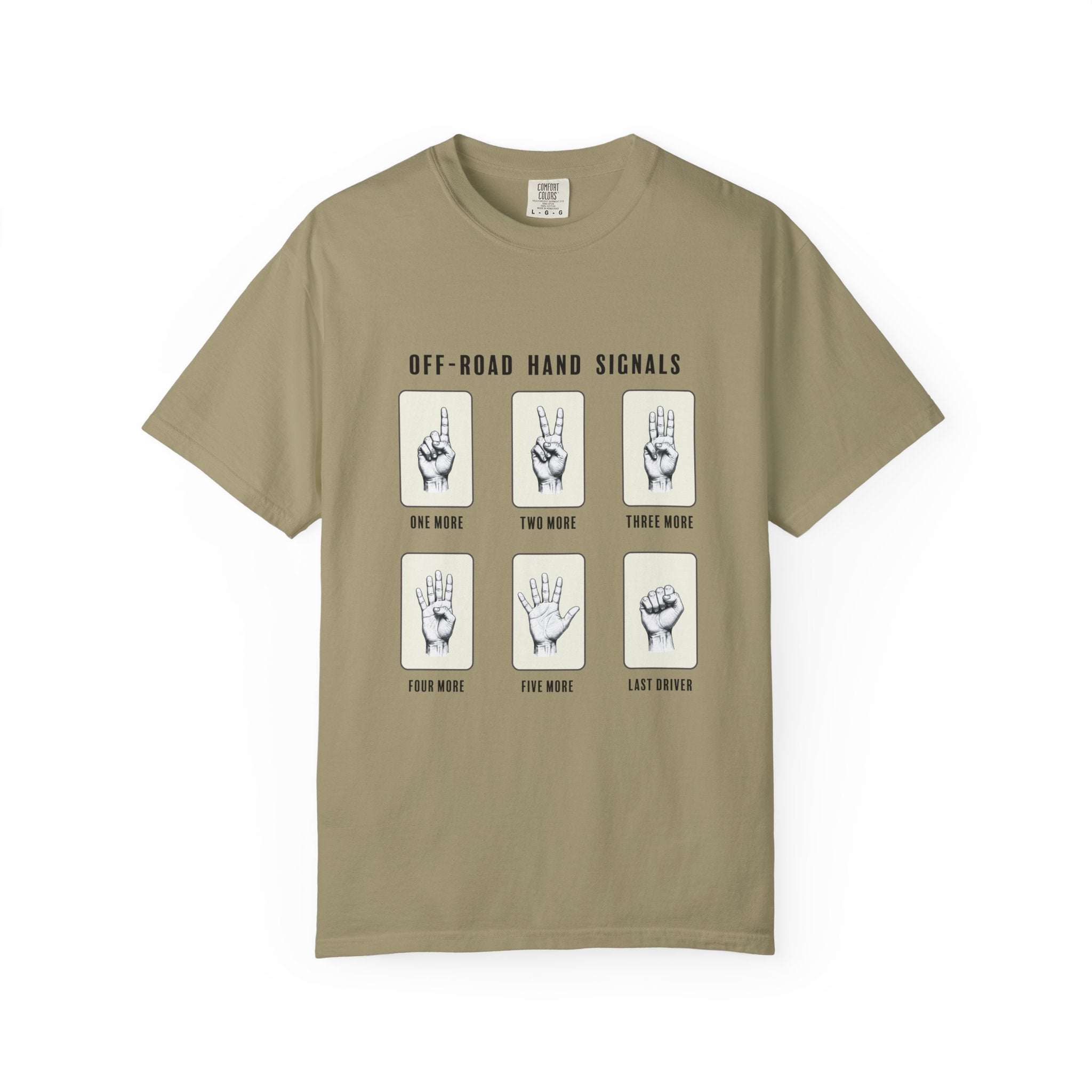 Khaki t-shirt with off-road hand signals graphic on a white background