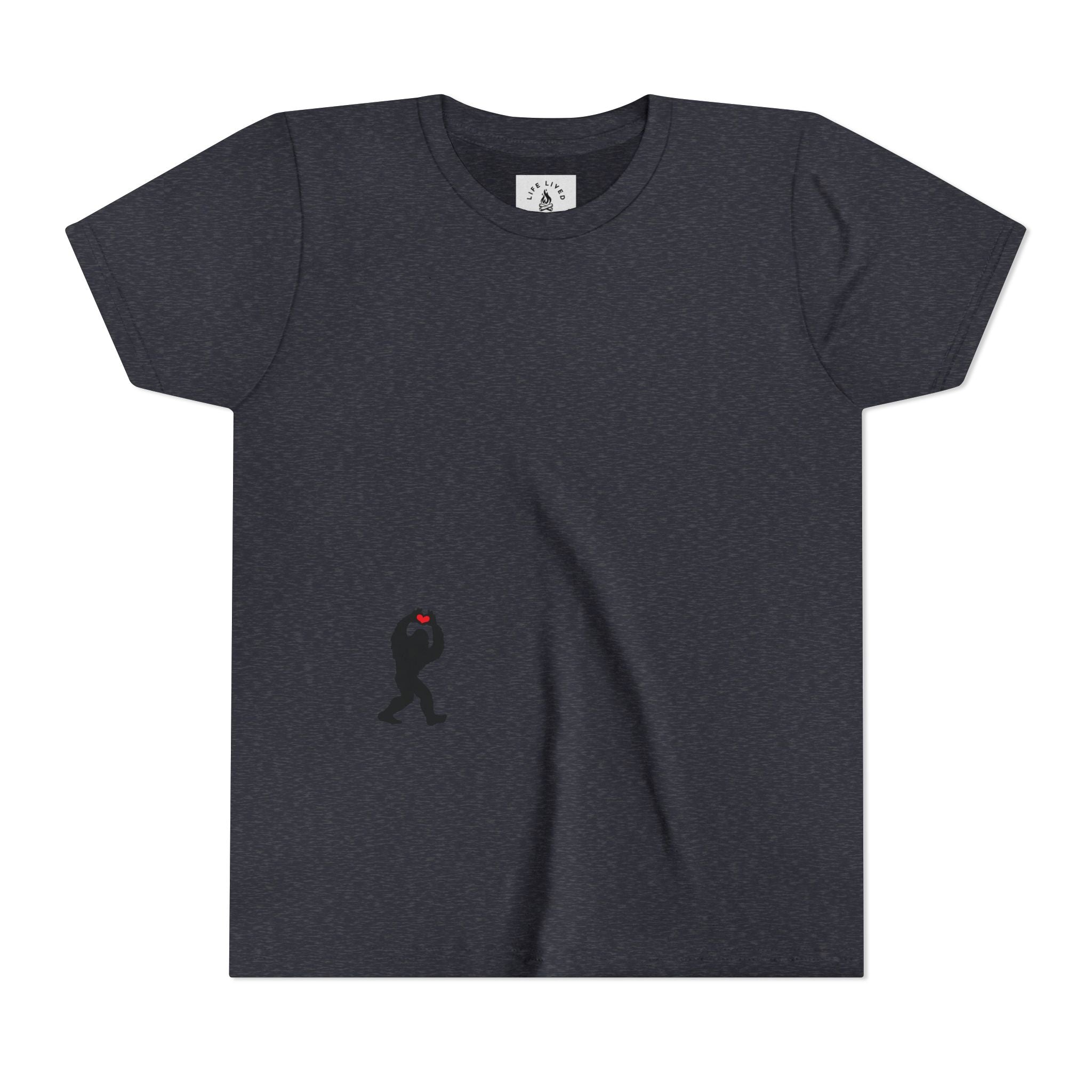 Heather Navy t-shirt with small black Sasquatch graphic on lower front on a white background