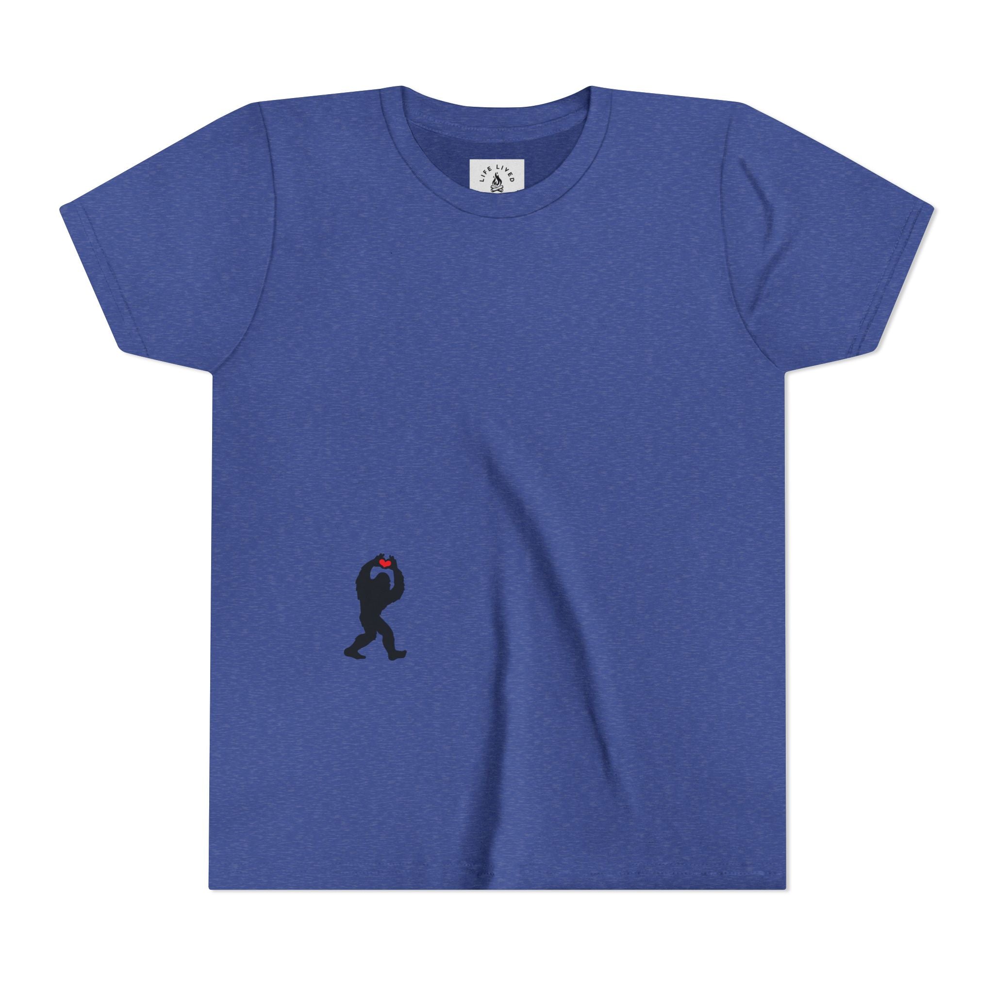 True Royal Blue t-shirt with small black Sasquatch graphic on lower front on a white background