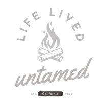 Gray 'Life Lived Untamed' logo with camp fire on a transparent background