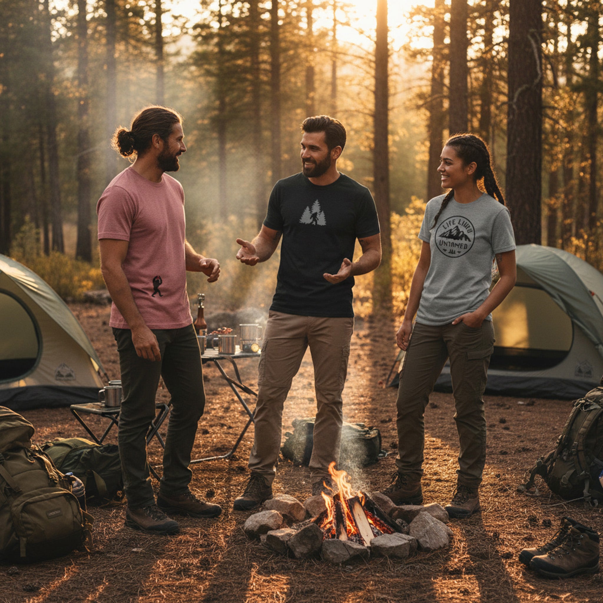 Three people camping in a forest, standing around a campfire with tents and backpacks in the background.