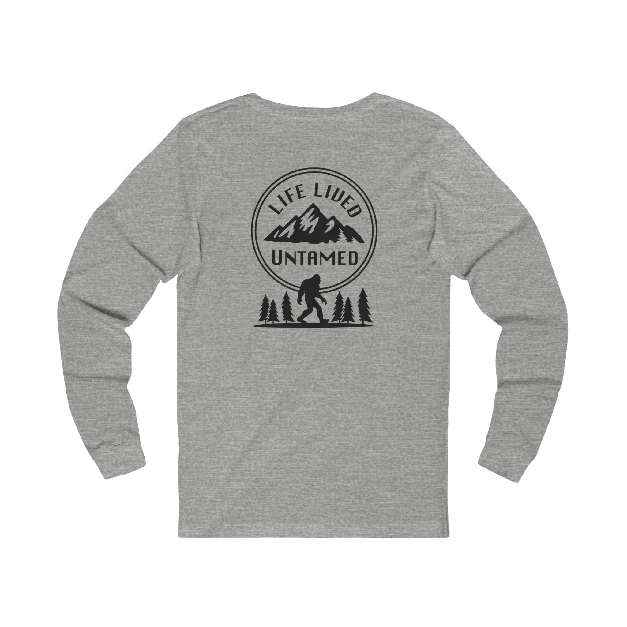 Athletic Heather Gray long-sleeve shirt with a black graphic design on the back featuring mountains, trees, and a silhouette of a Sasquatch against a white background