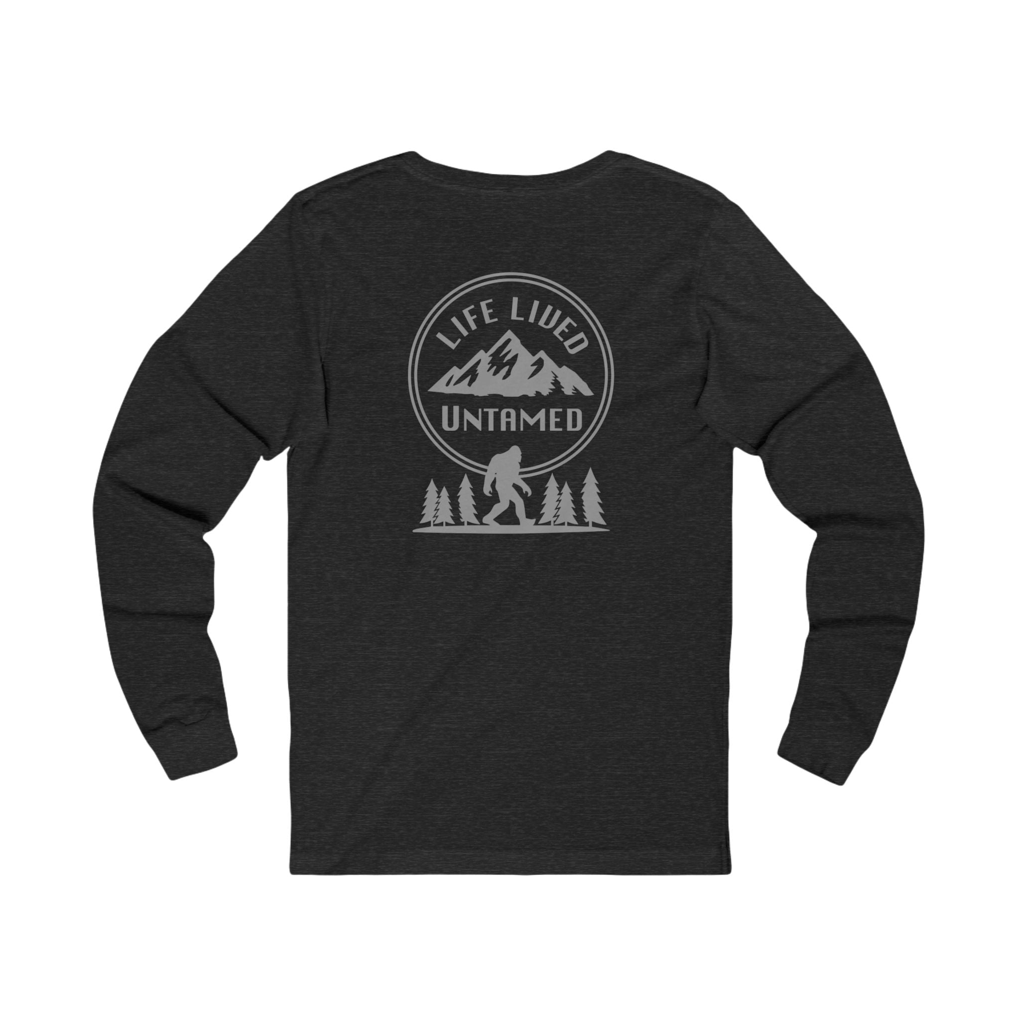 Dark Gray Heather long-sleeve shirt with a black graphic design on the back featuring mountains, trees, and a silhouette of a Sasquatch against a white background