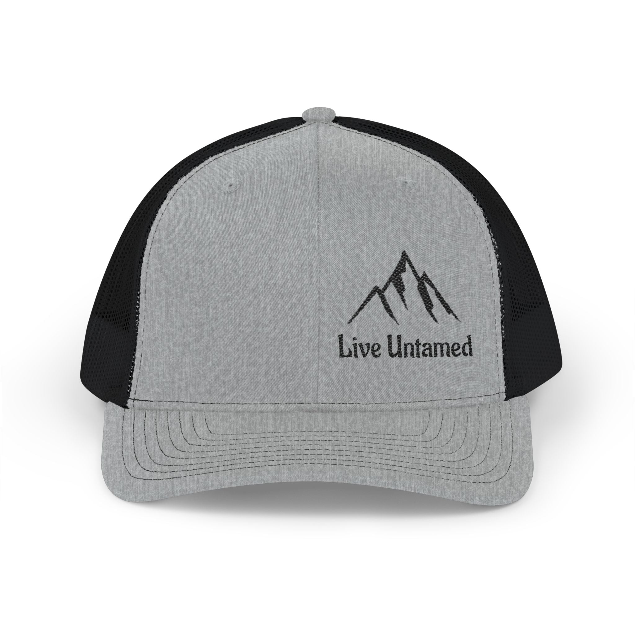 Heather Black and white cap with 'Live Untamed' logo on a white background