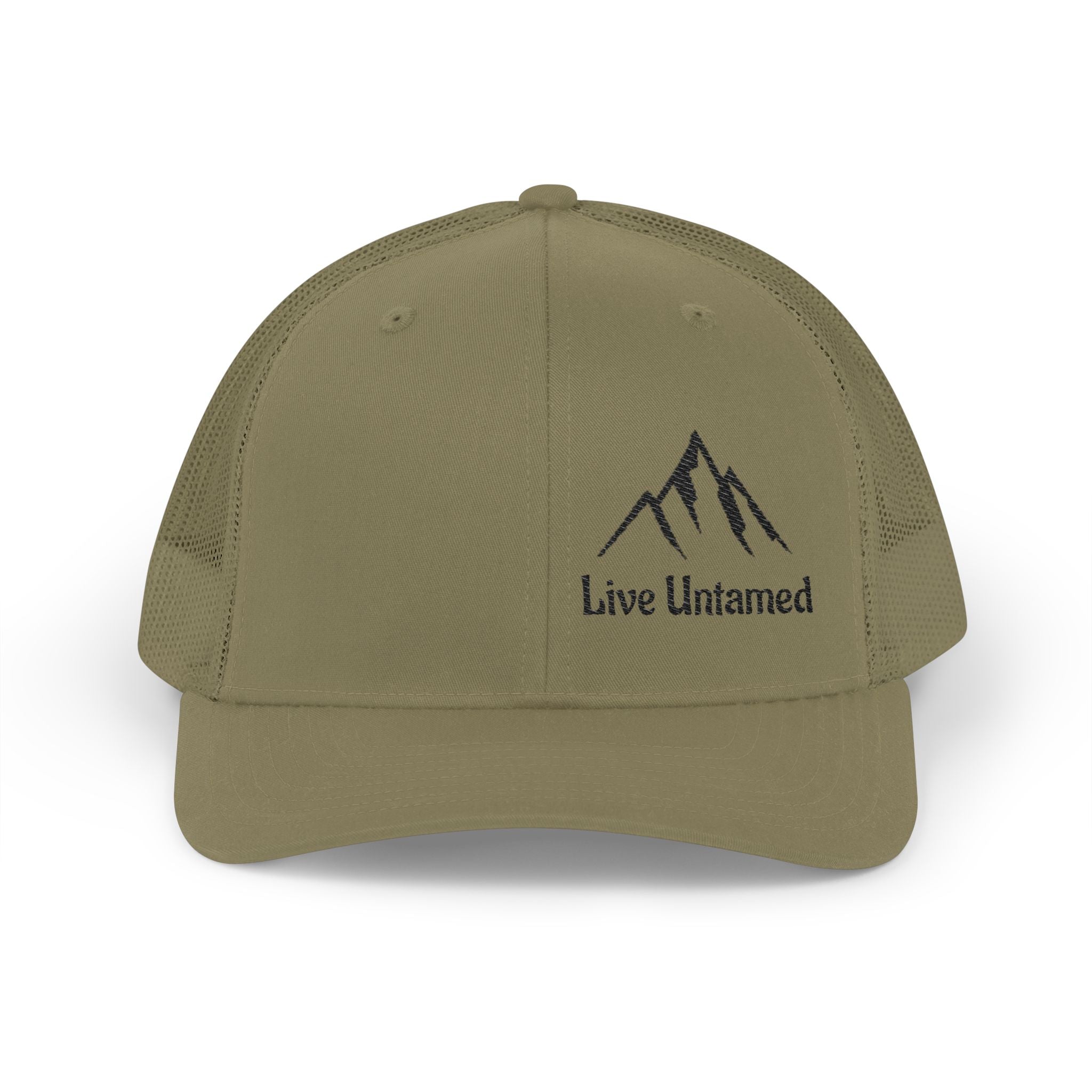 Loden cap with 'Live Untamed' and mountain logo on a white background