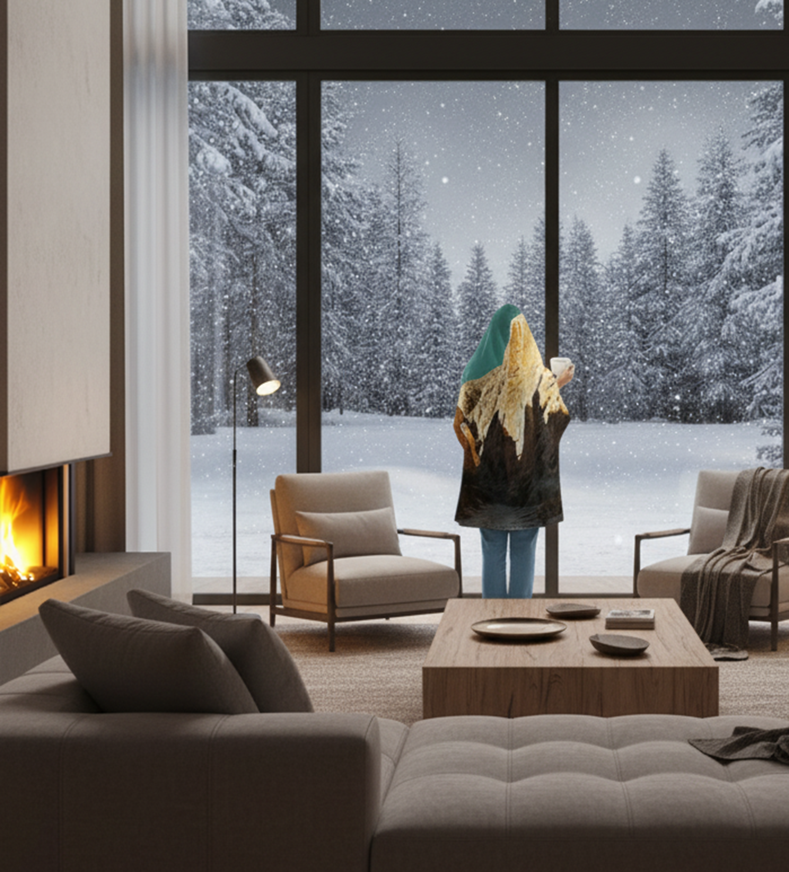 Modern living room with a view of a snowy forest through large windows.