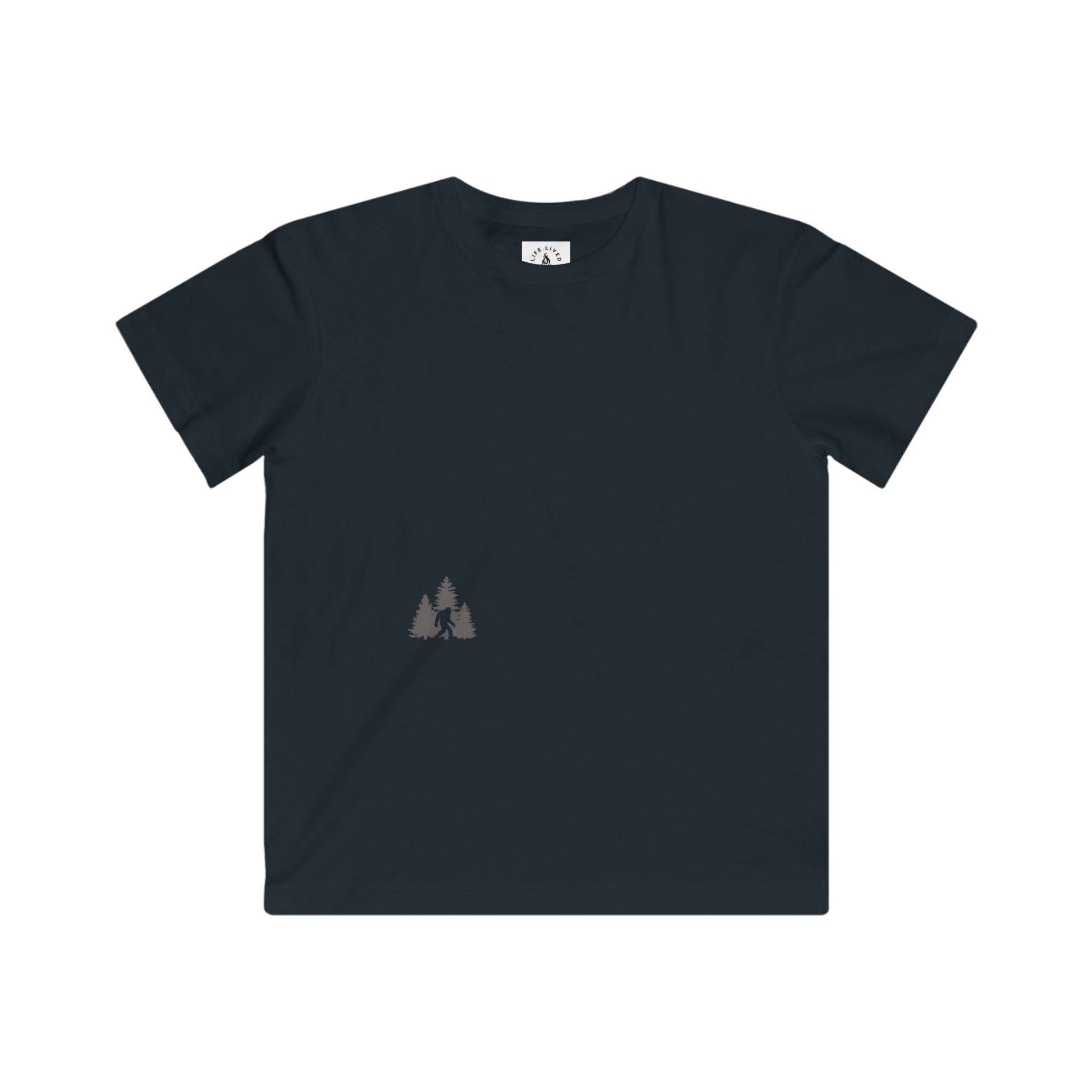 Black t-shirt with a Sasquatch in wilderness design.