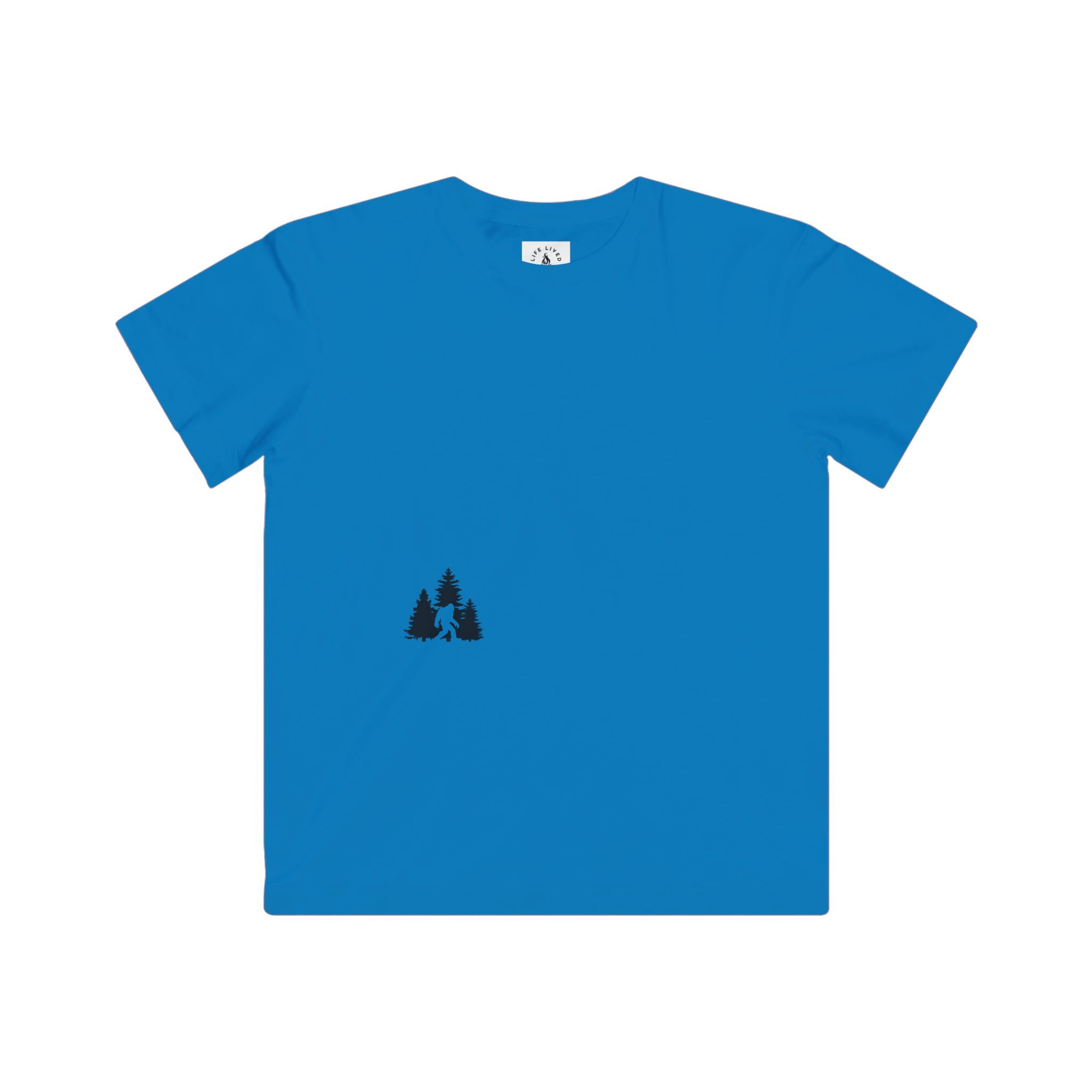 Blue t-shirt with with Sasquatch in Wilderness design.