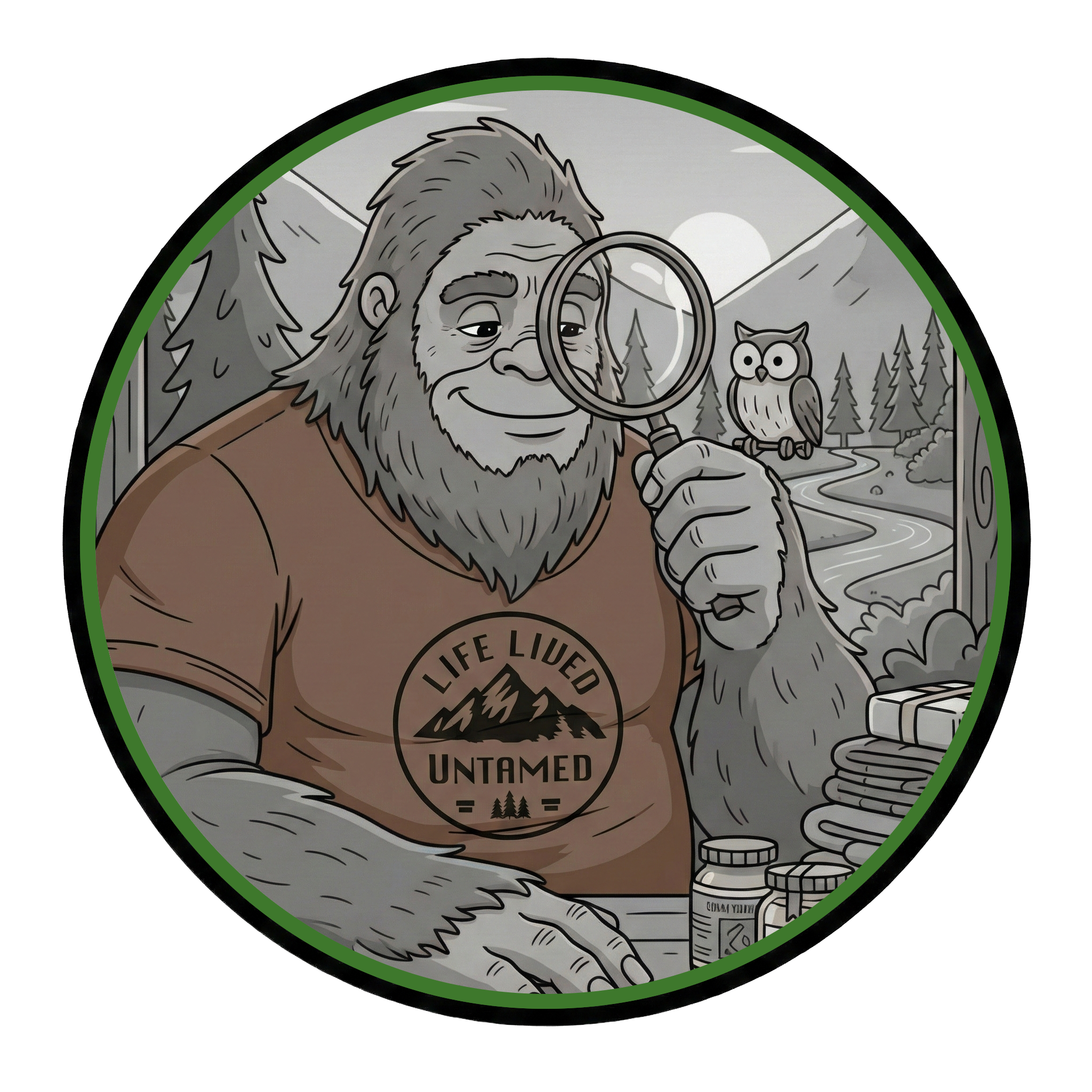 Bigfoot inspecting goods in nature scene