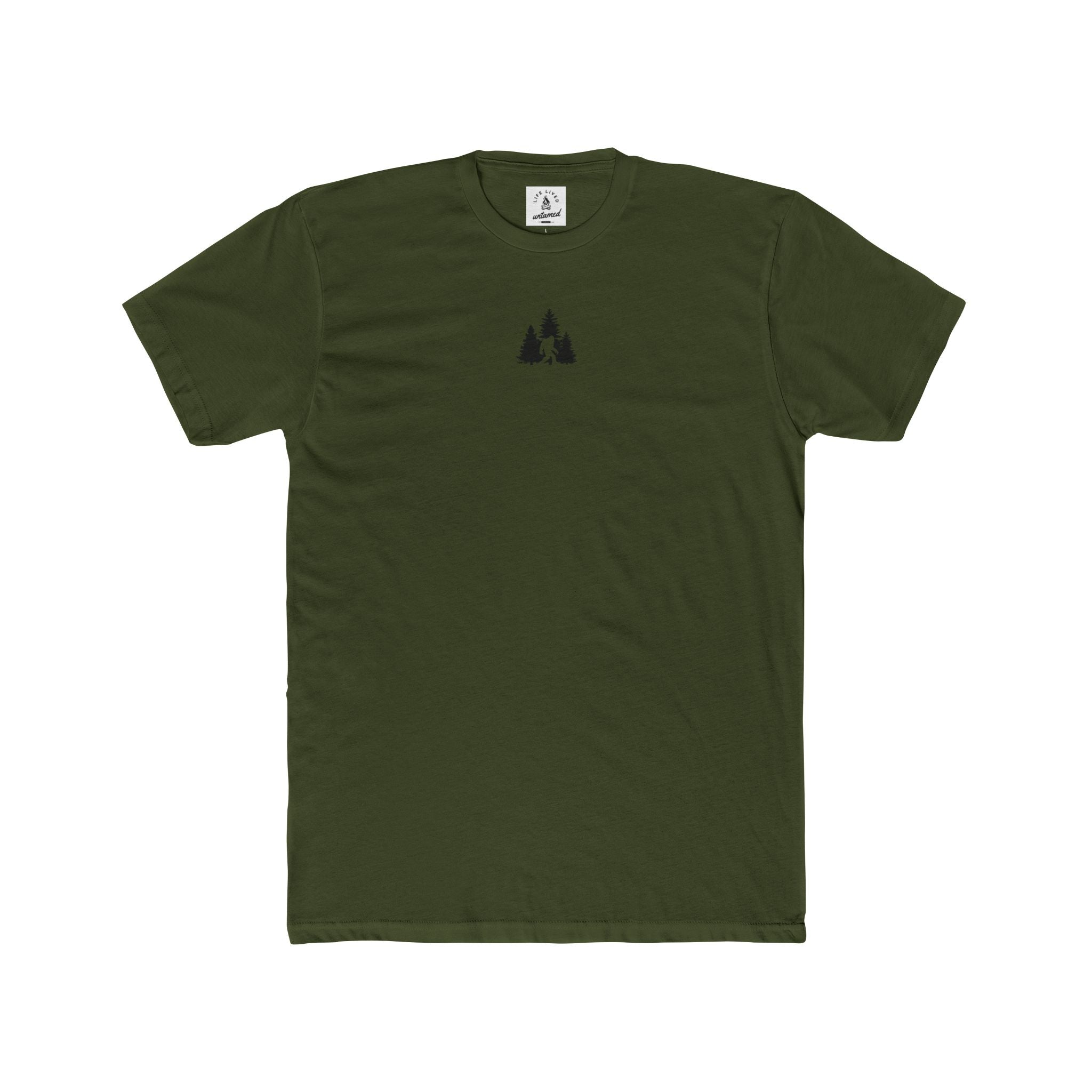 Military green t-shirt with a small black Sasquatch in wilderness graphic on a chest area
