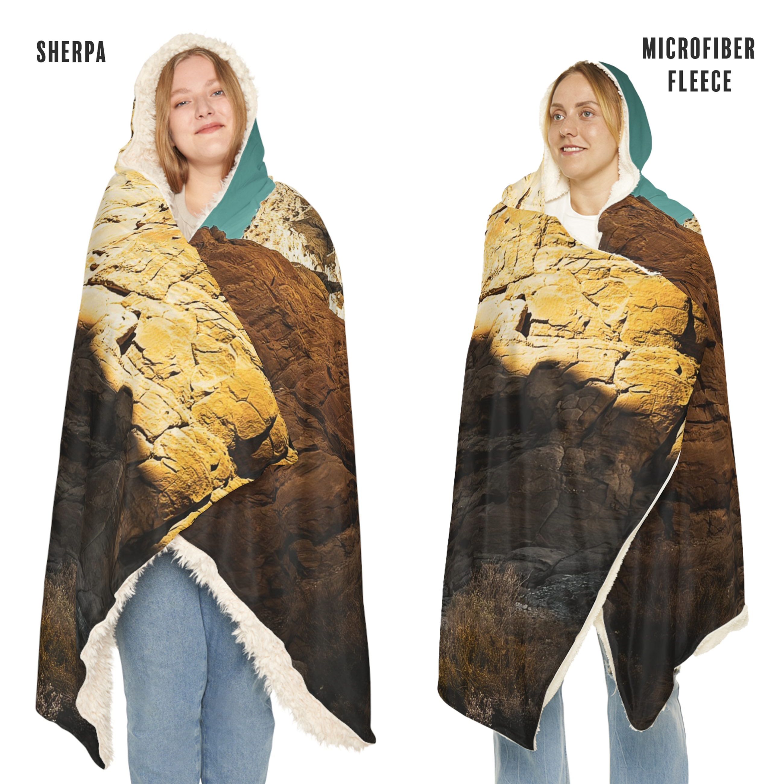 Two people wearing a textured blanket with 'Sherpa' and 'Microfiber Fleece' labels.