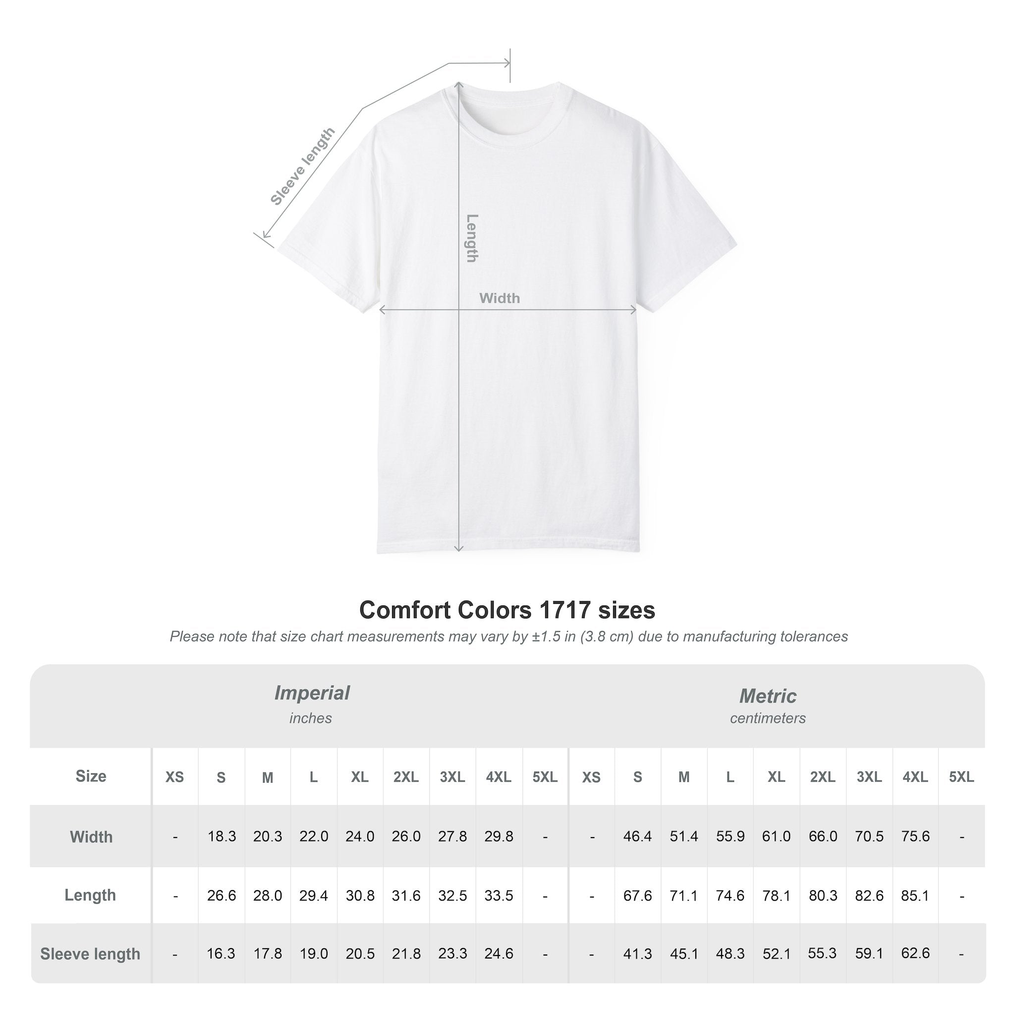 White t-shirt with measurement chart