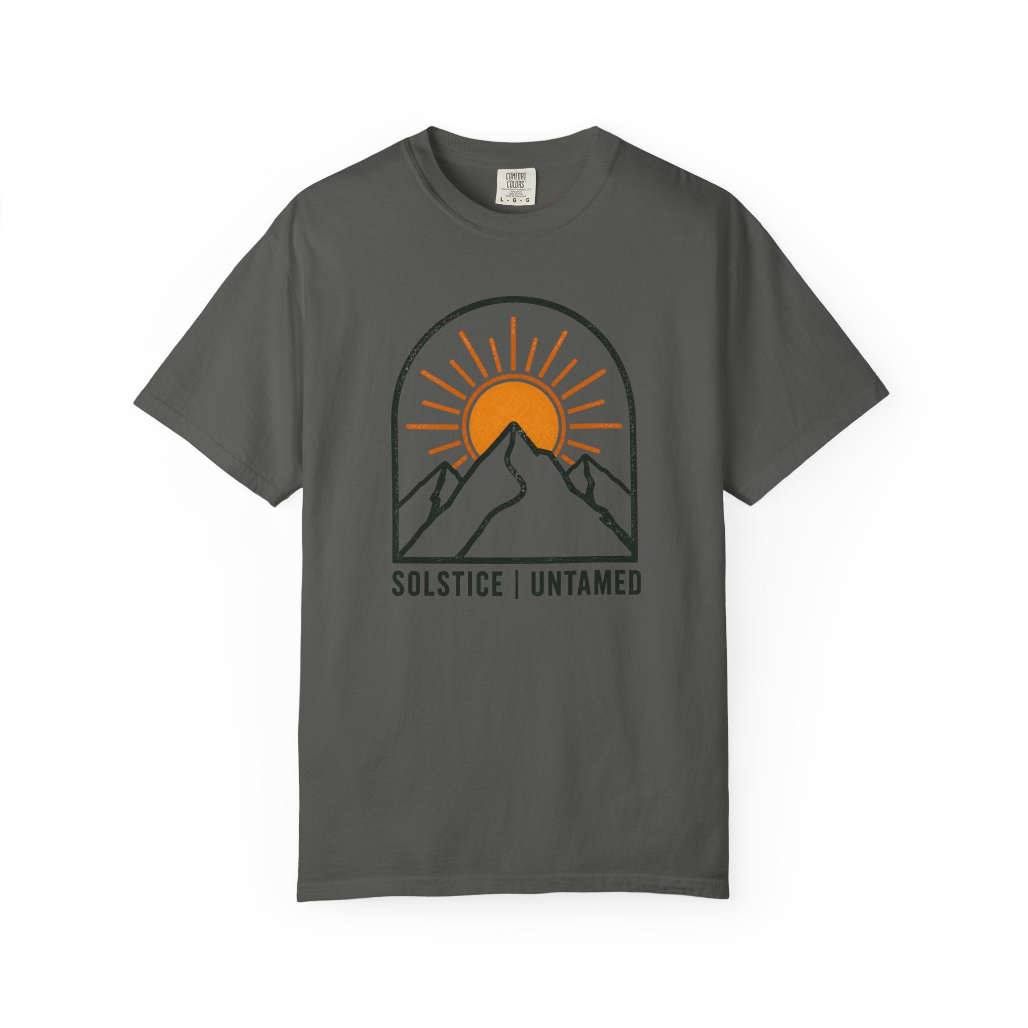 Gray t-shirt with 'Solstice Untamed' text on a white background