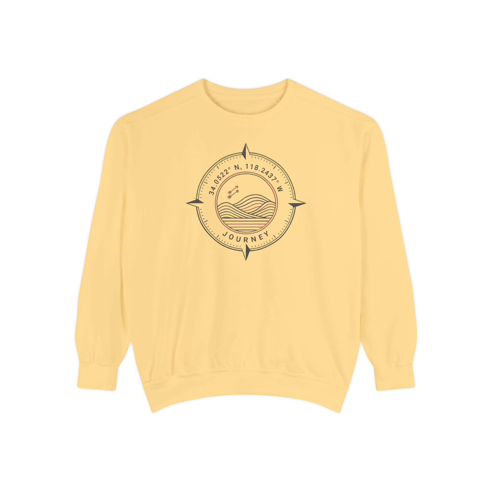 Butter Yellow sweatshirt with a compass design on a white background