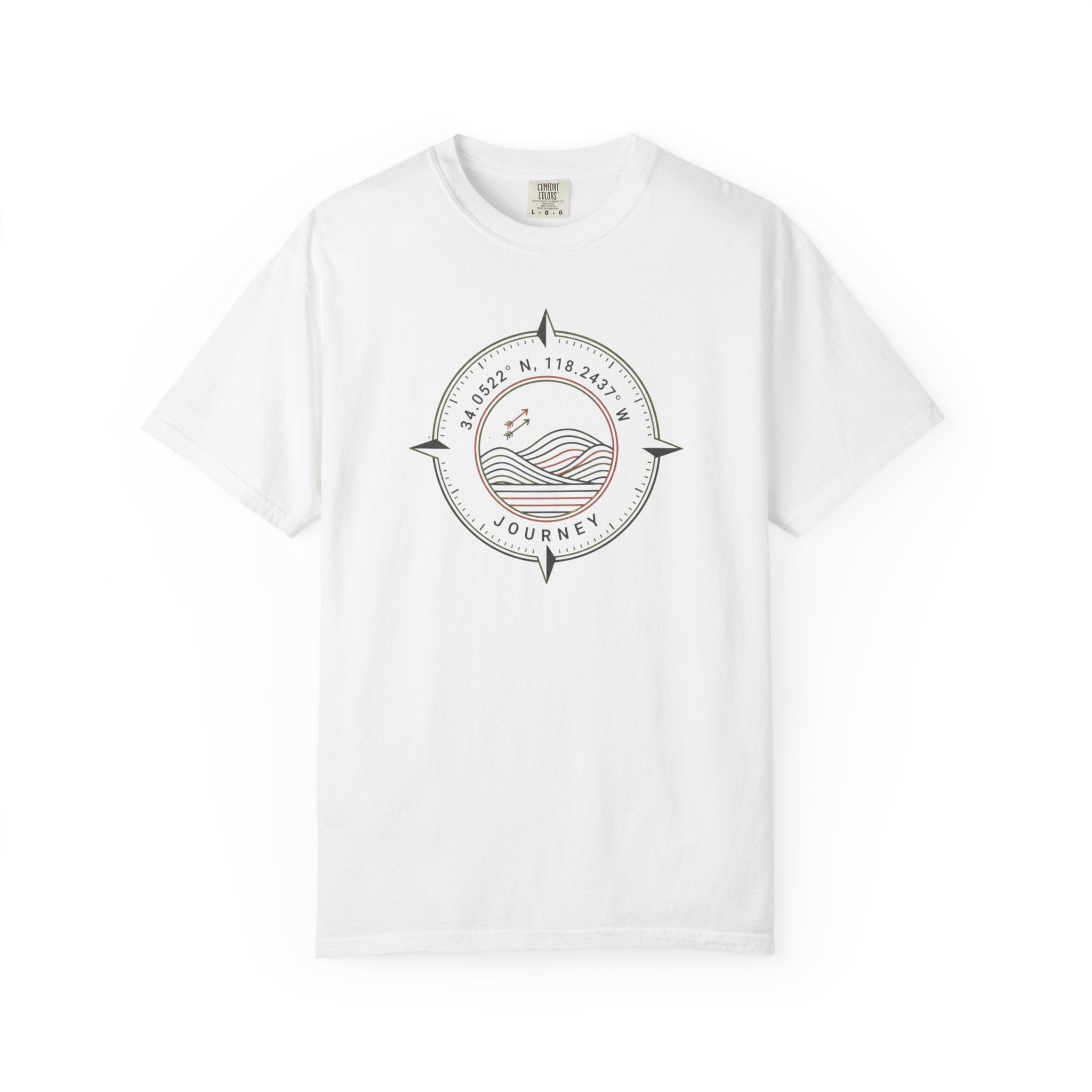 White t-shirt with a compass and wave design on a white background