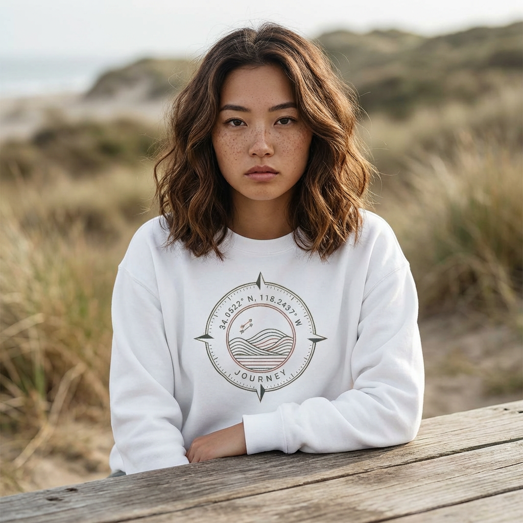 Woman wearing a white sweatshirt with a compass with coordinate numbers, and Journey written on it by the ocean.