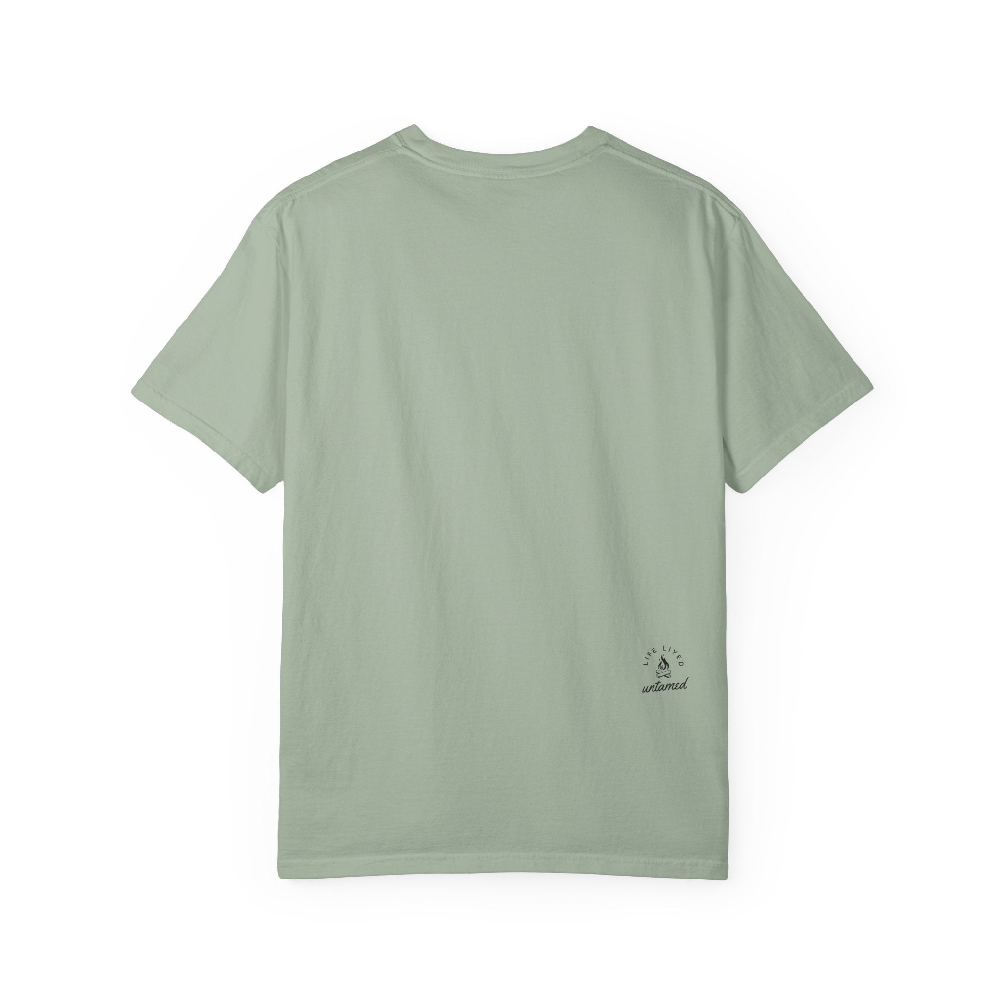 Bay Green t-shirt with Life lived Untamed logo on a white background