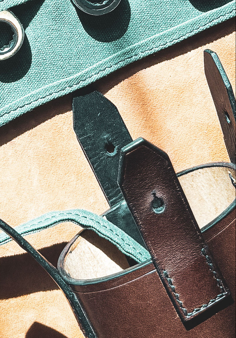 Close-up of a leather tool-roll closure straps