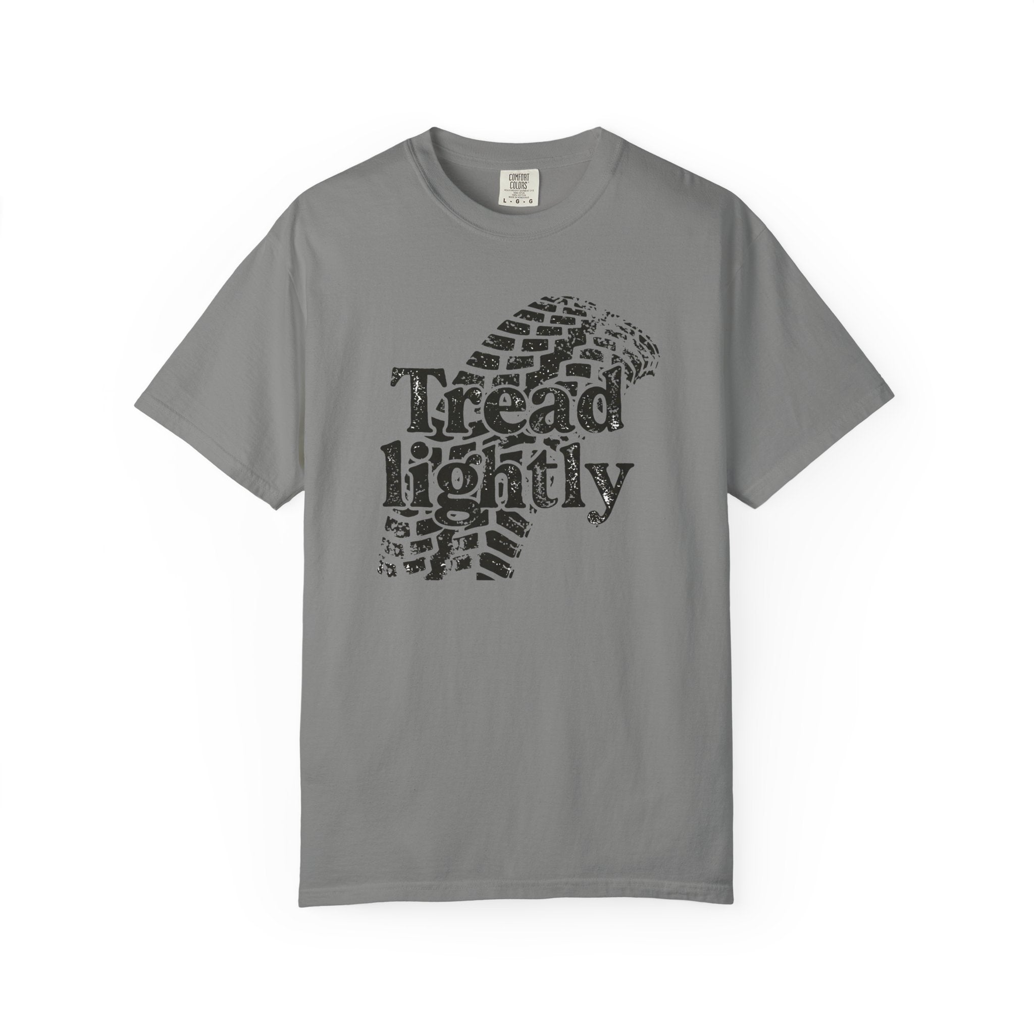 Granite gray t-shirt with 'Tread Lightly' graphic design on a white background