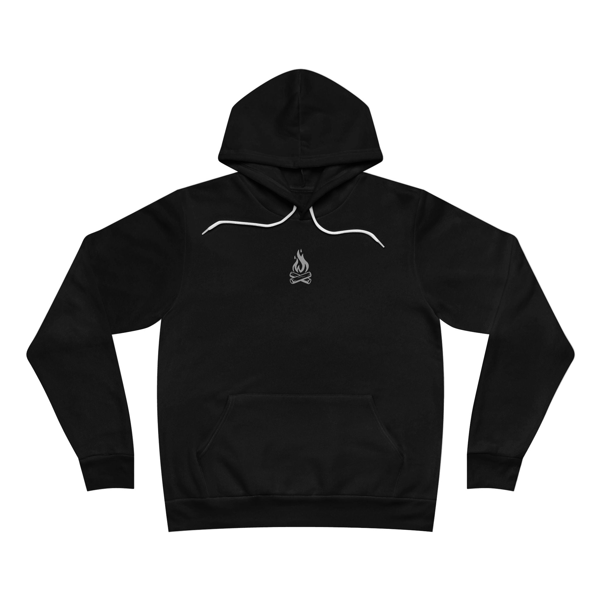 Black hoodie with a small campfire design in the chest area