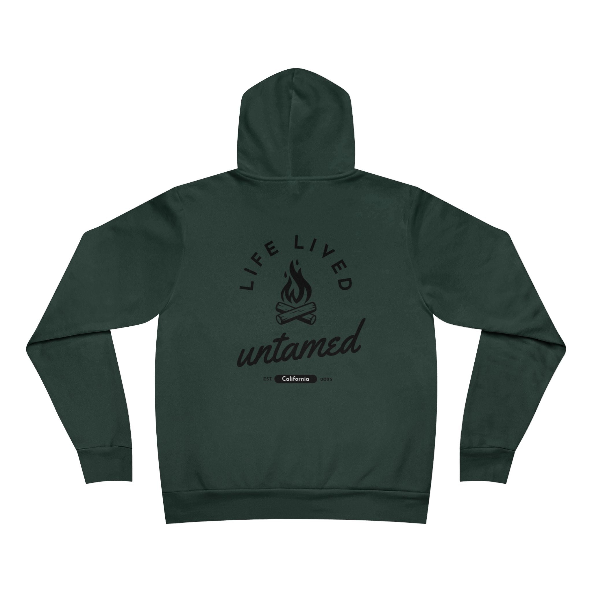 Forest Green hoodie with 'Life Lived Untamed' text on the back against a white background