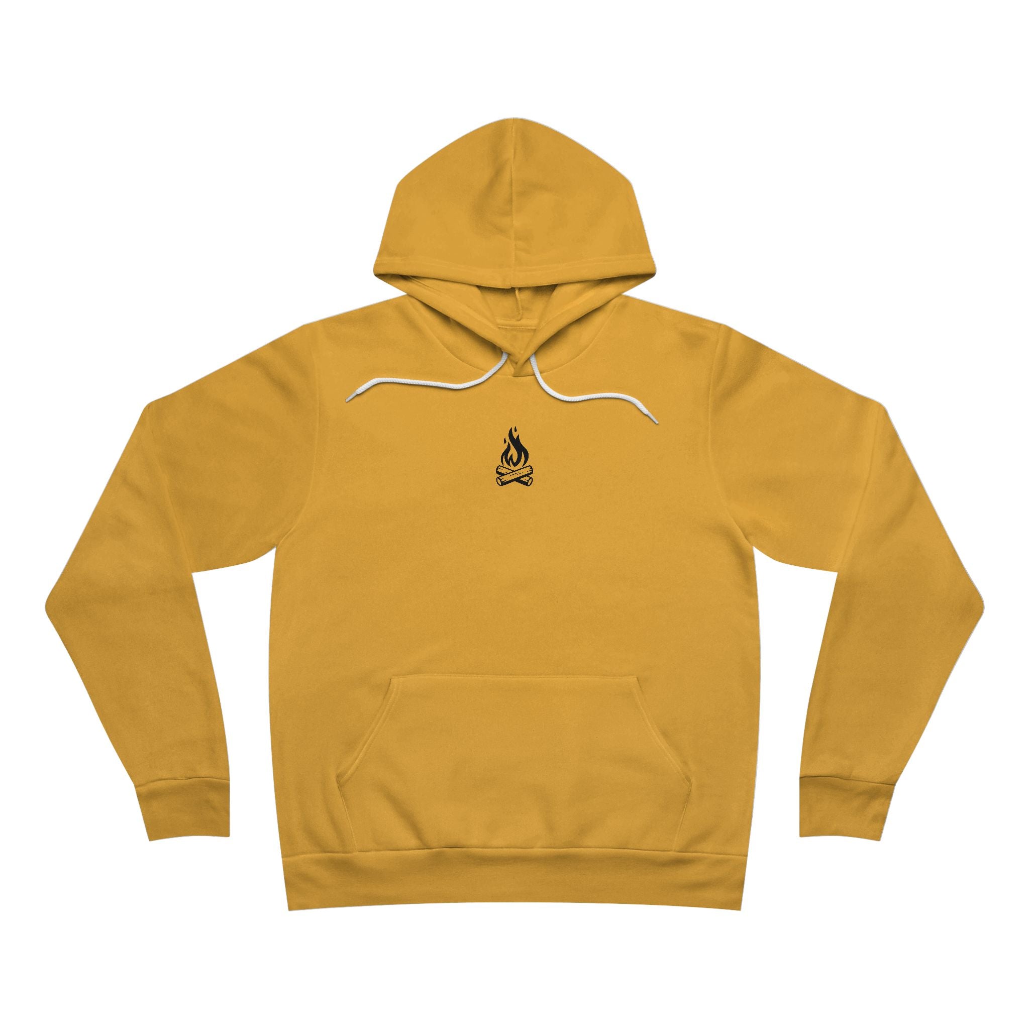 Yellow hoodie with a small campfire on the chest