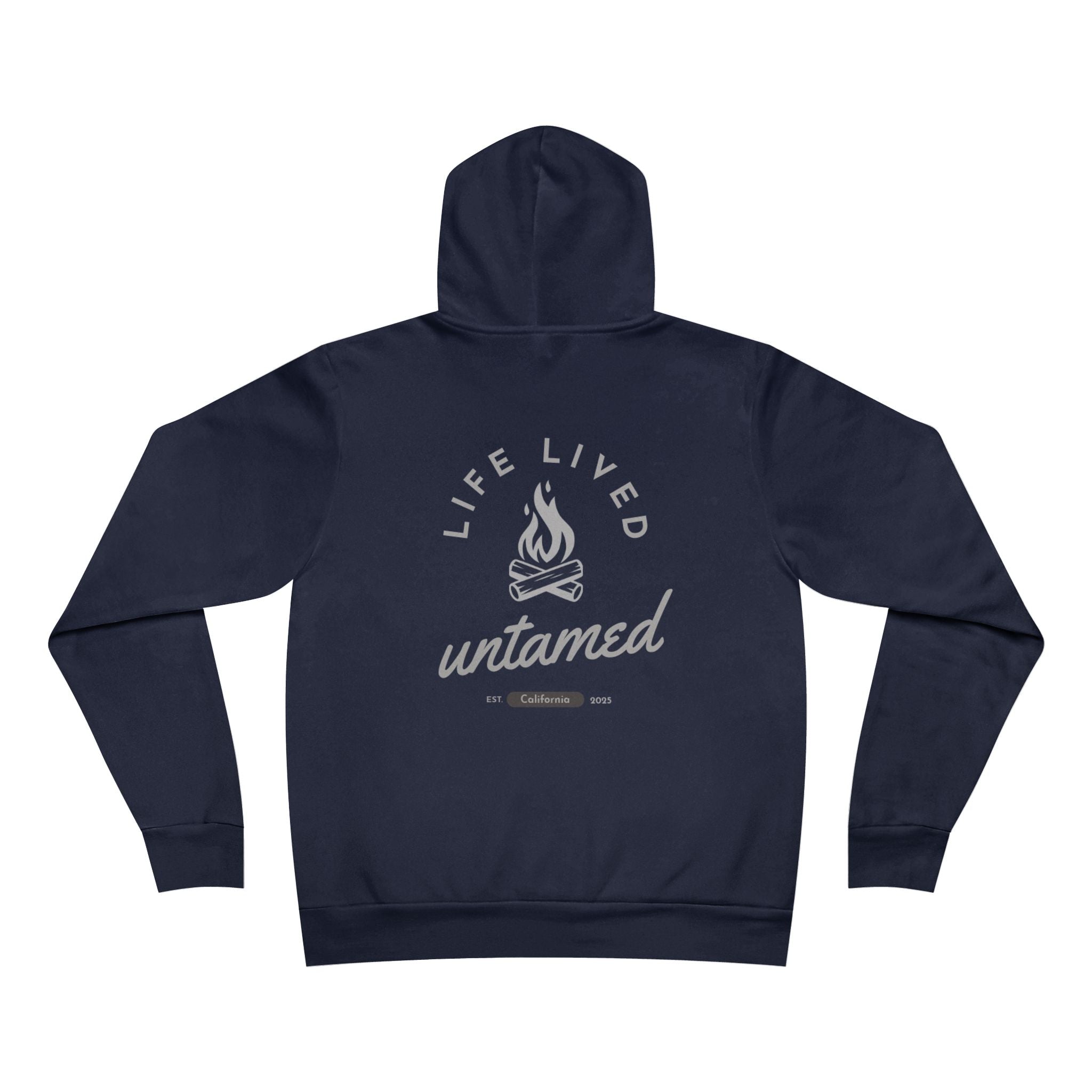Navy blue hoodie with 'Life Lived Untamed' logo on the back