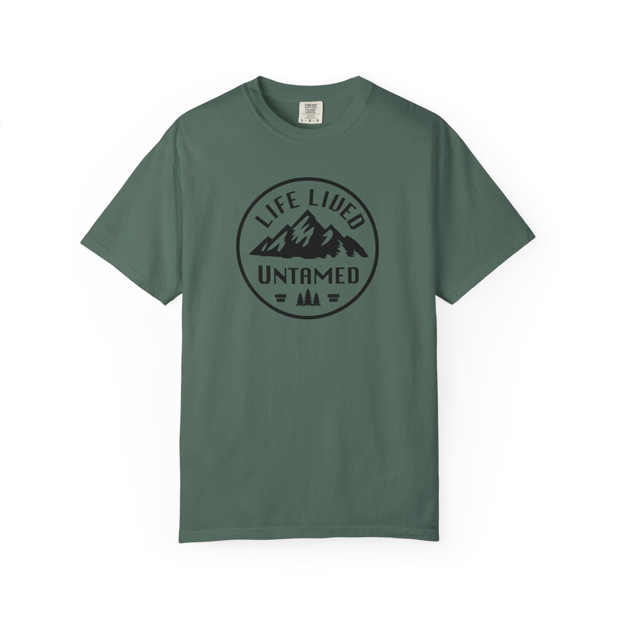 Blue Spruce t-shirt with 'Life Lived Untamed' graphic on a white background