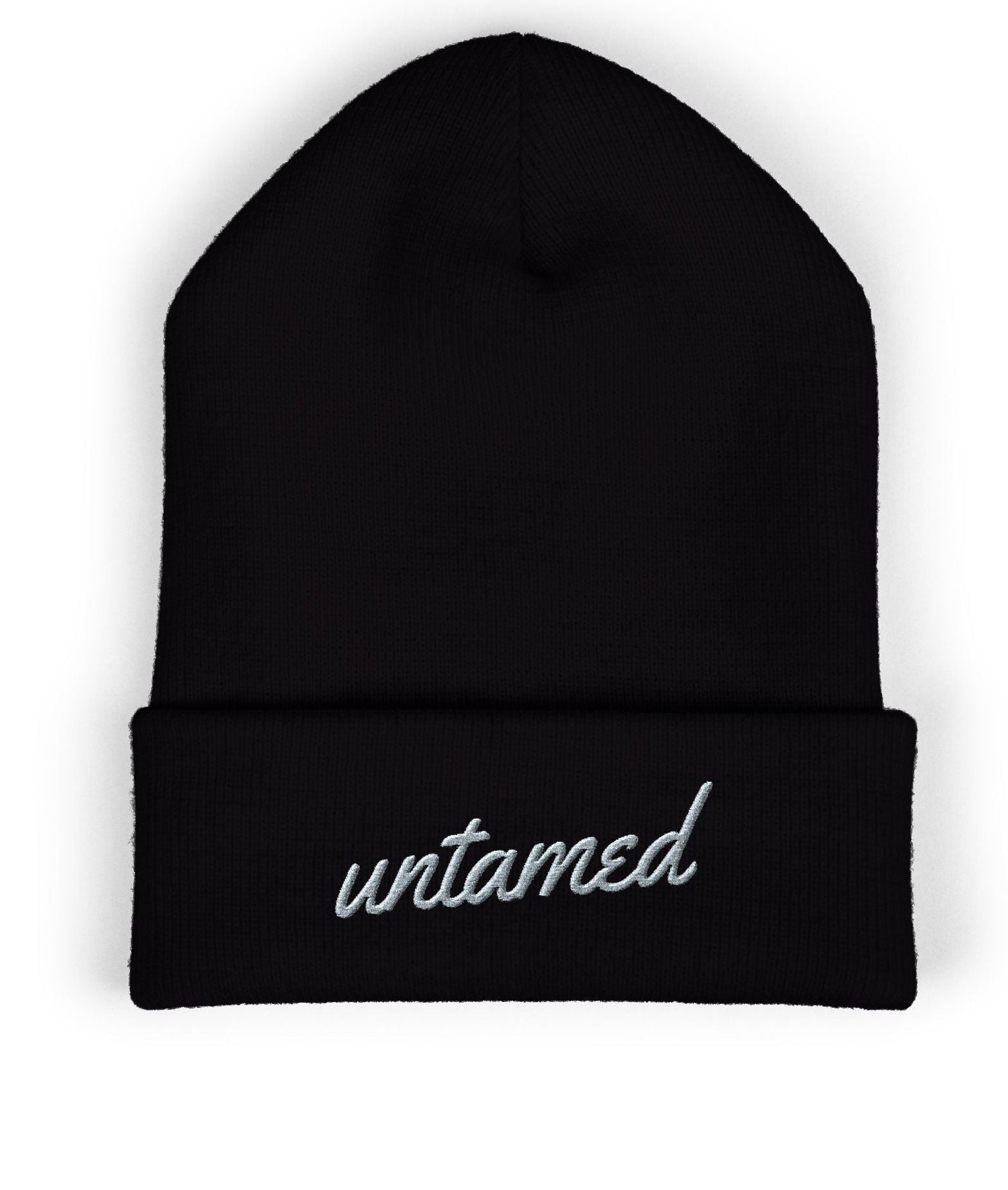 Black beanie with 'untamed' embroidery on a white background
