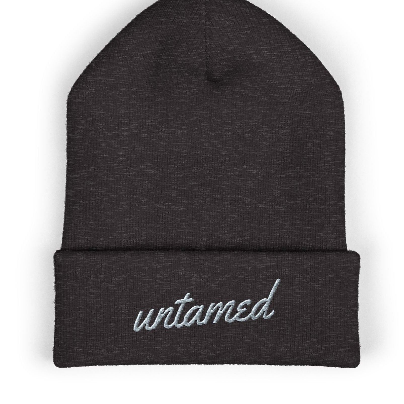 Dark gray beanie with 'untamed' embroidered on a white background