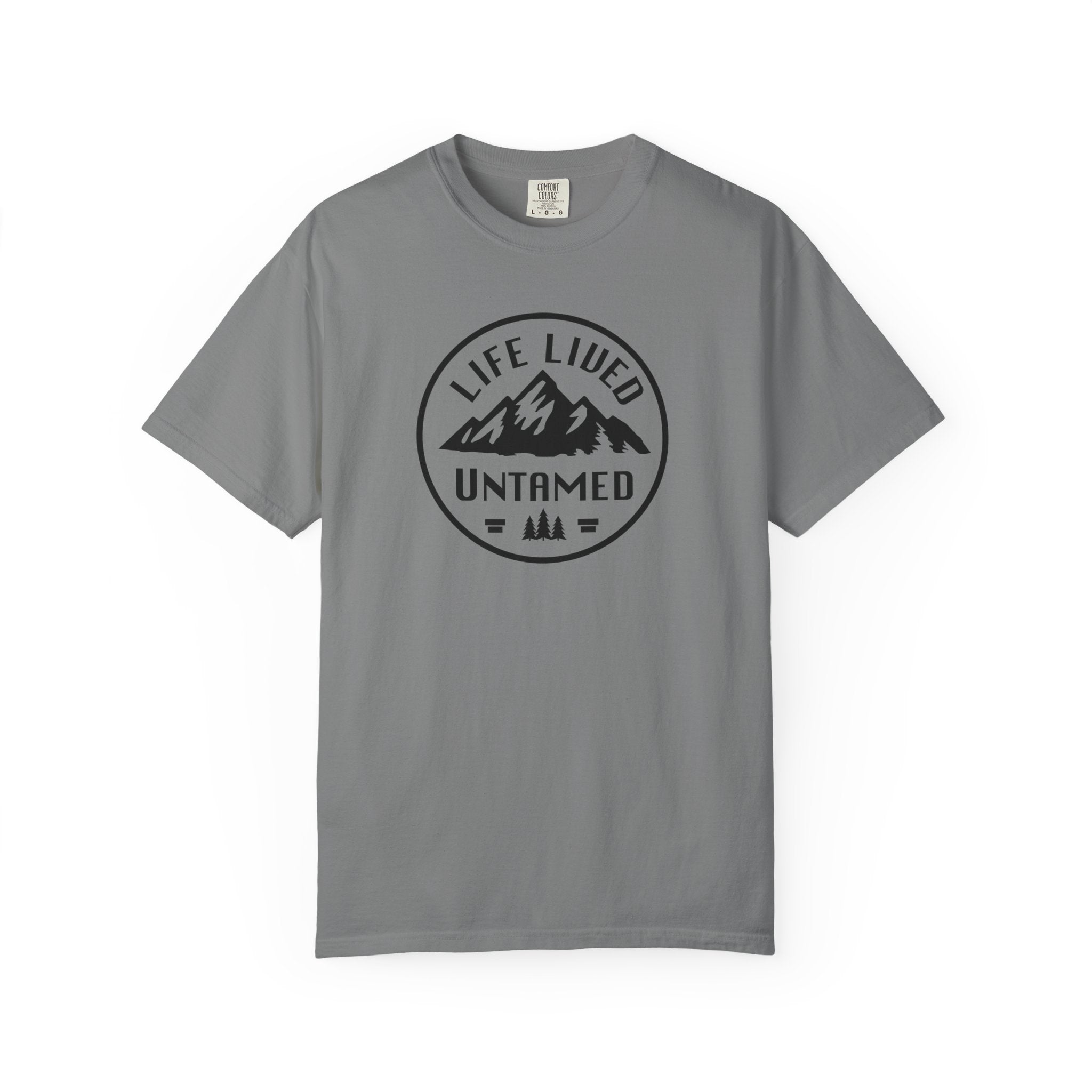 Gray t-shirt with 'Life Lived Untamed' graphic on a white background