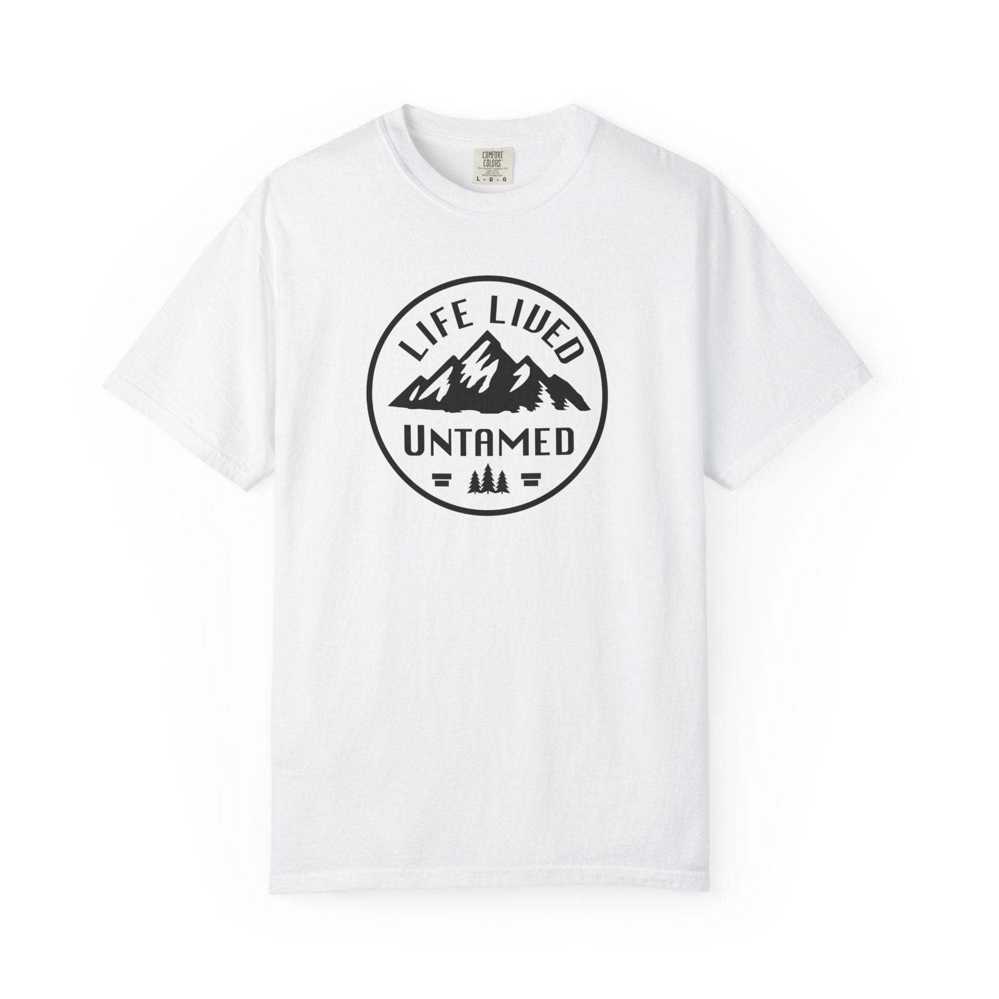 White t-shirt with 'Life Lived Untamed' graphic on a white background