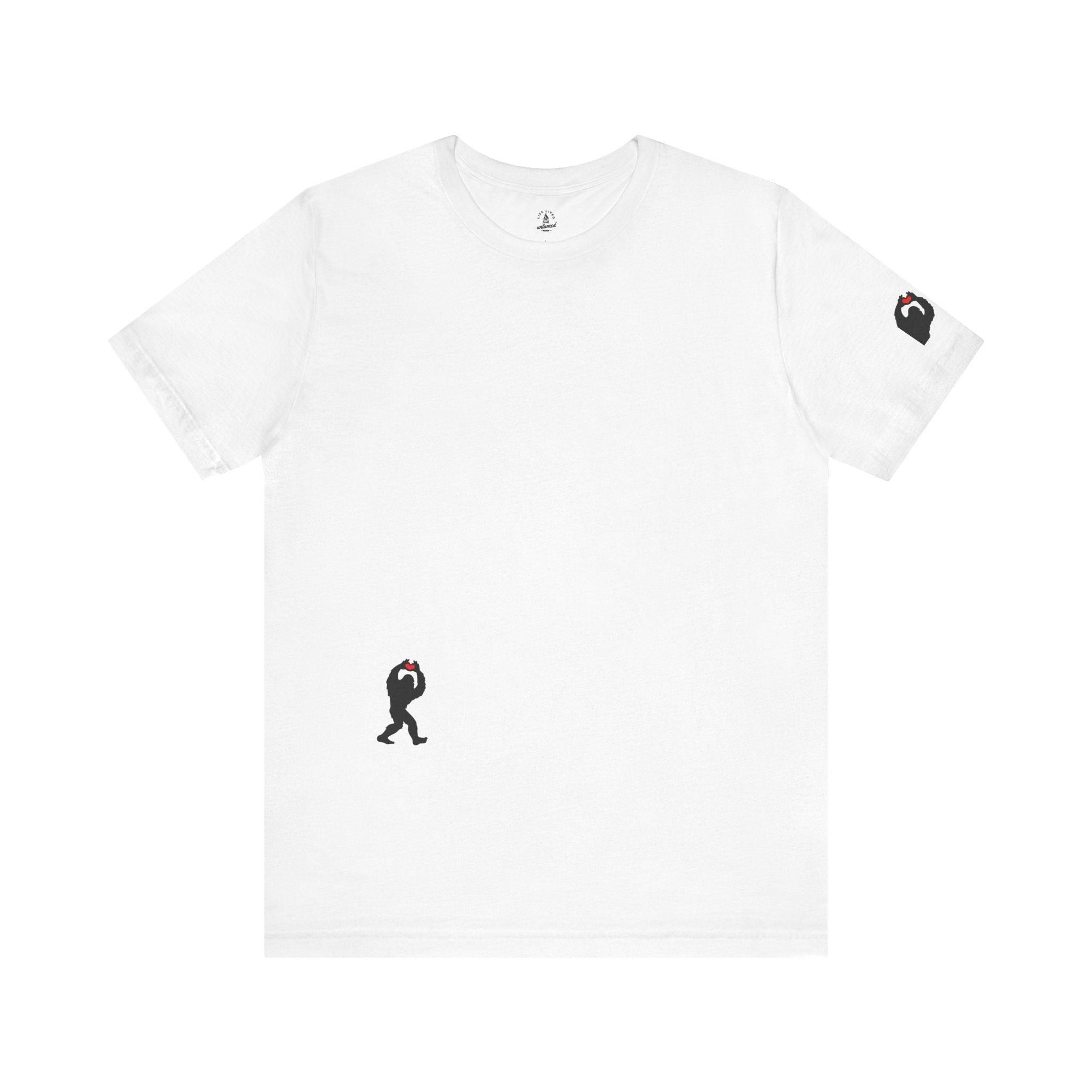 Women's white t-shirt with small black Sasquatch graphic on lower front and a sleeve on a white background