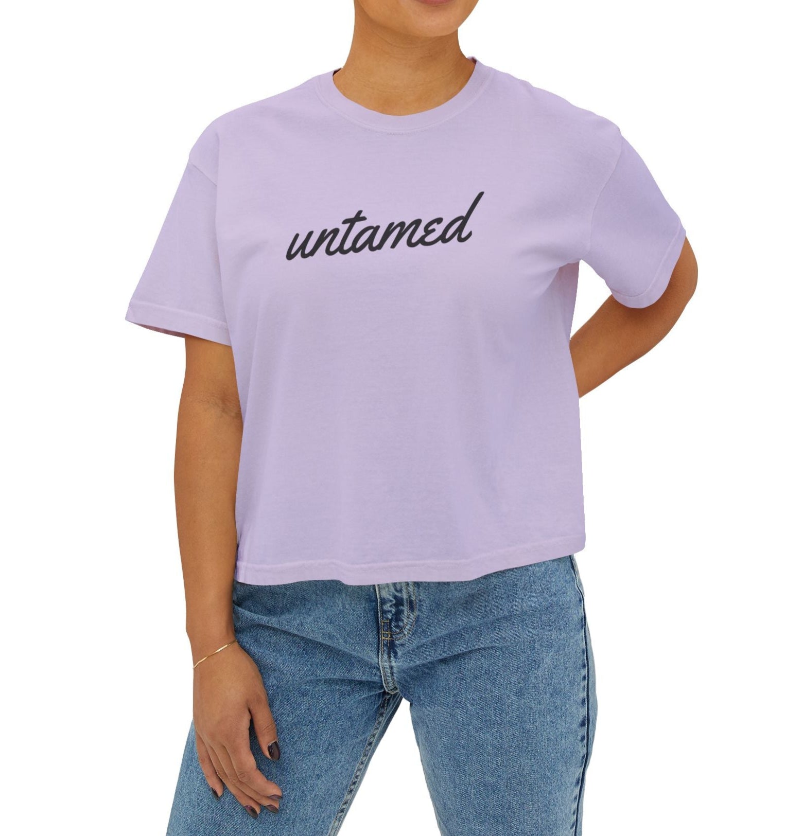 Women's 'Untamed' black script graphic on solid orchid purple short-sleeve crewneck crop tee shirt