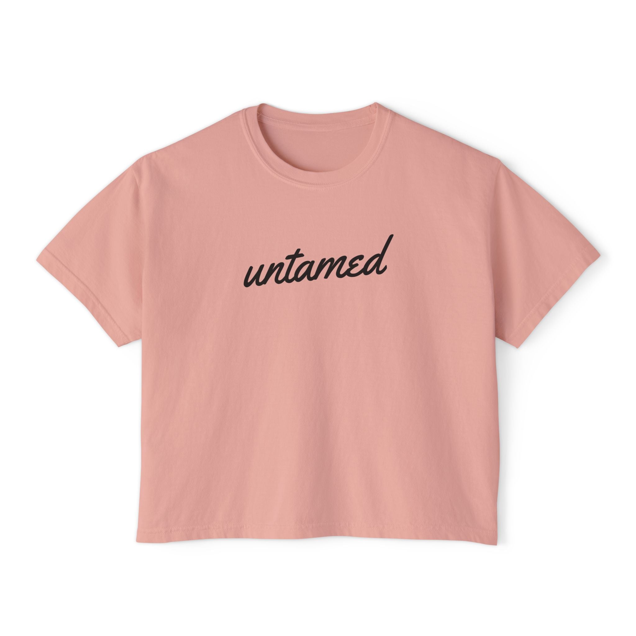 Women's 'Untamed' black script graphic on solid peach short-sleeve crewneck crop tee shirt