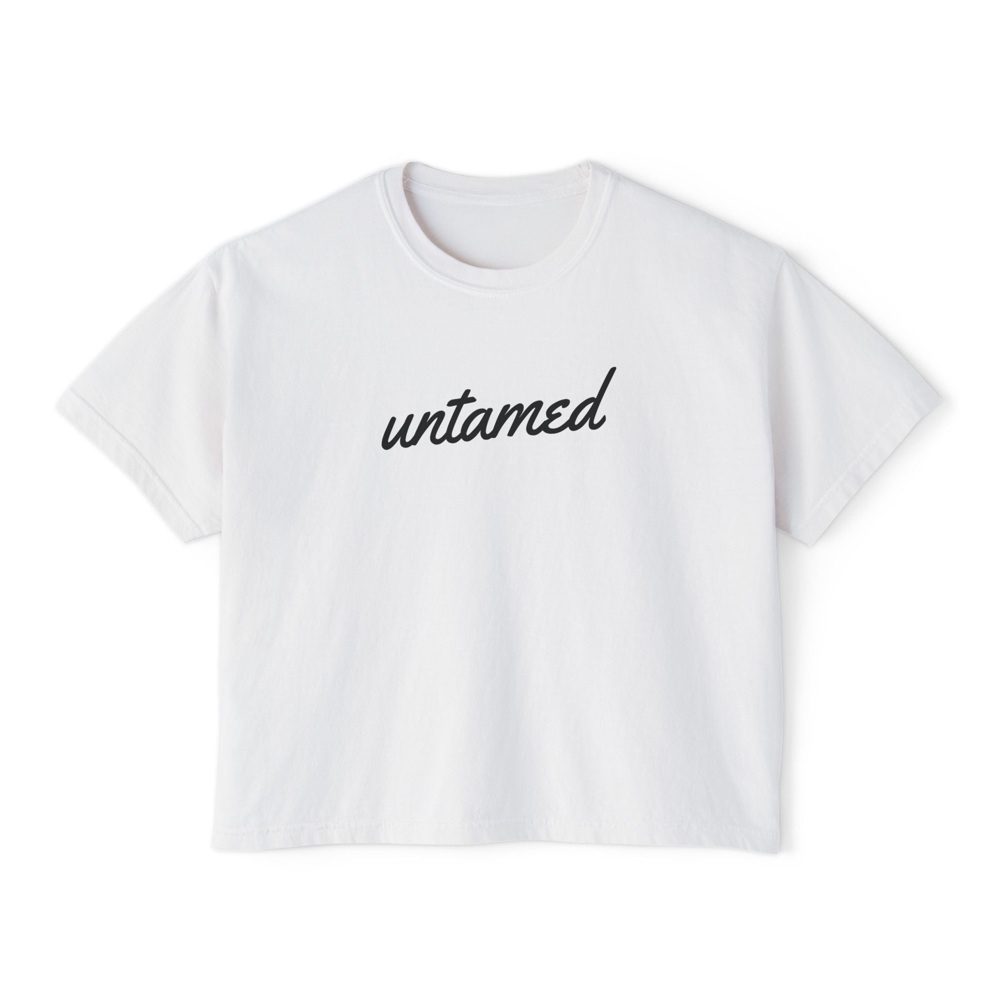 Women's 'Untamed' black script graphic on solid white short-sleeve crewneck crop tee shirt