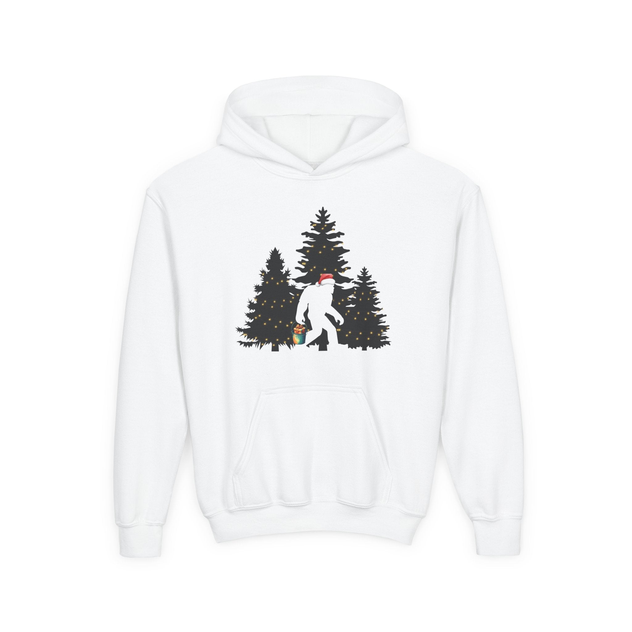 A white hoodie with a graphic of the Sasquatch in a snowy landscape with trees on a white background.
