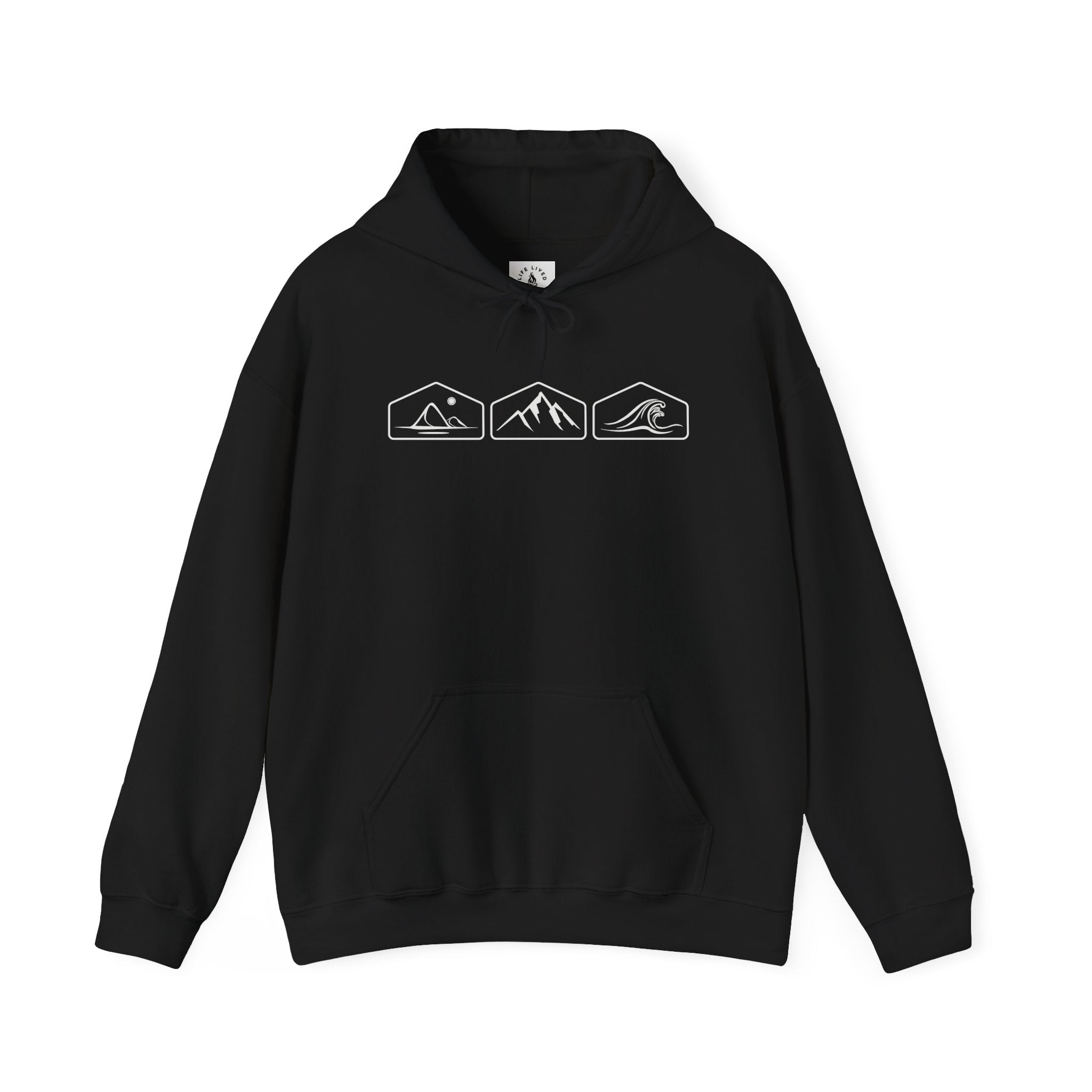 A black hoodie with white mountain, desert and wave design on a white background.