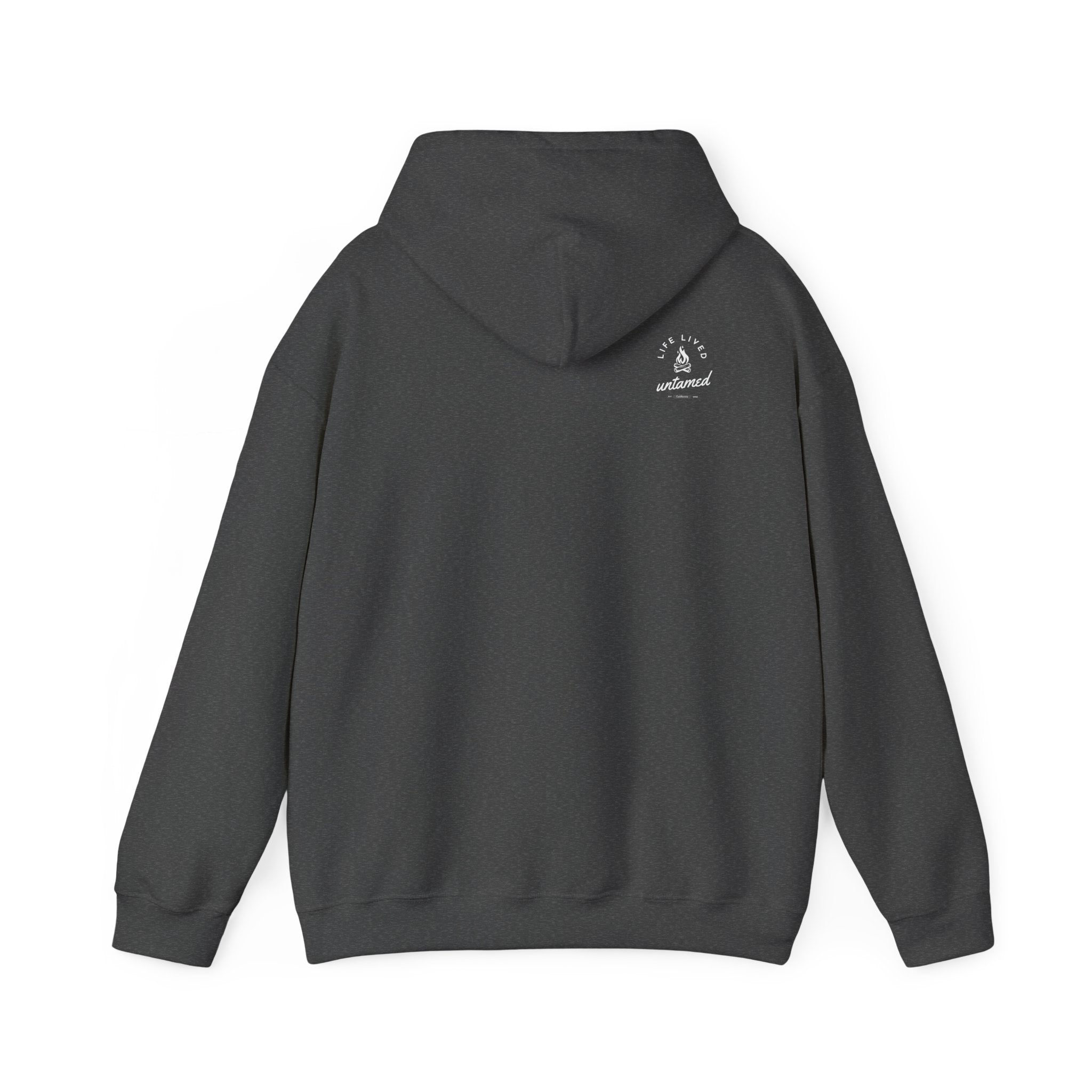 A Dark gray hoodie with a ‘Lived Untamed' logo on the back with the hood down against a white background.