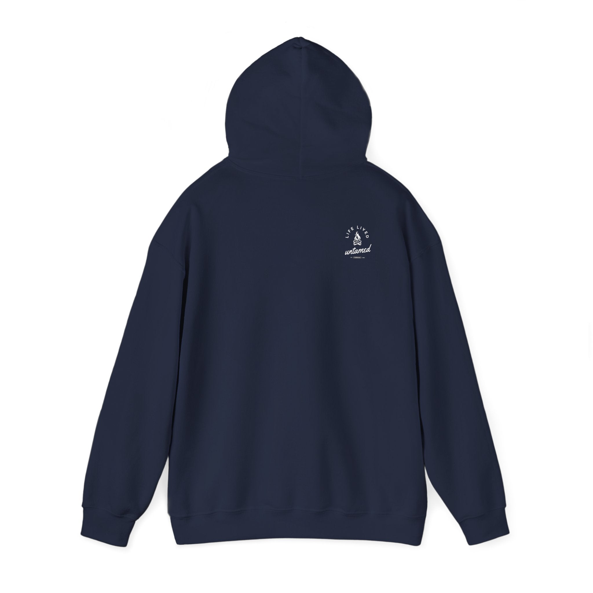 A navy blue hoodie with a ‘Lived Untamed' logo on the back with the hood up against a white background.