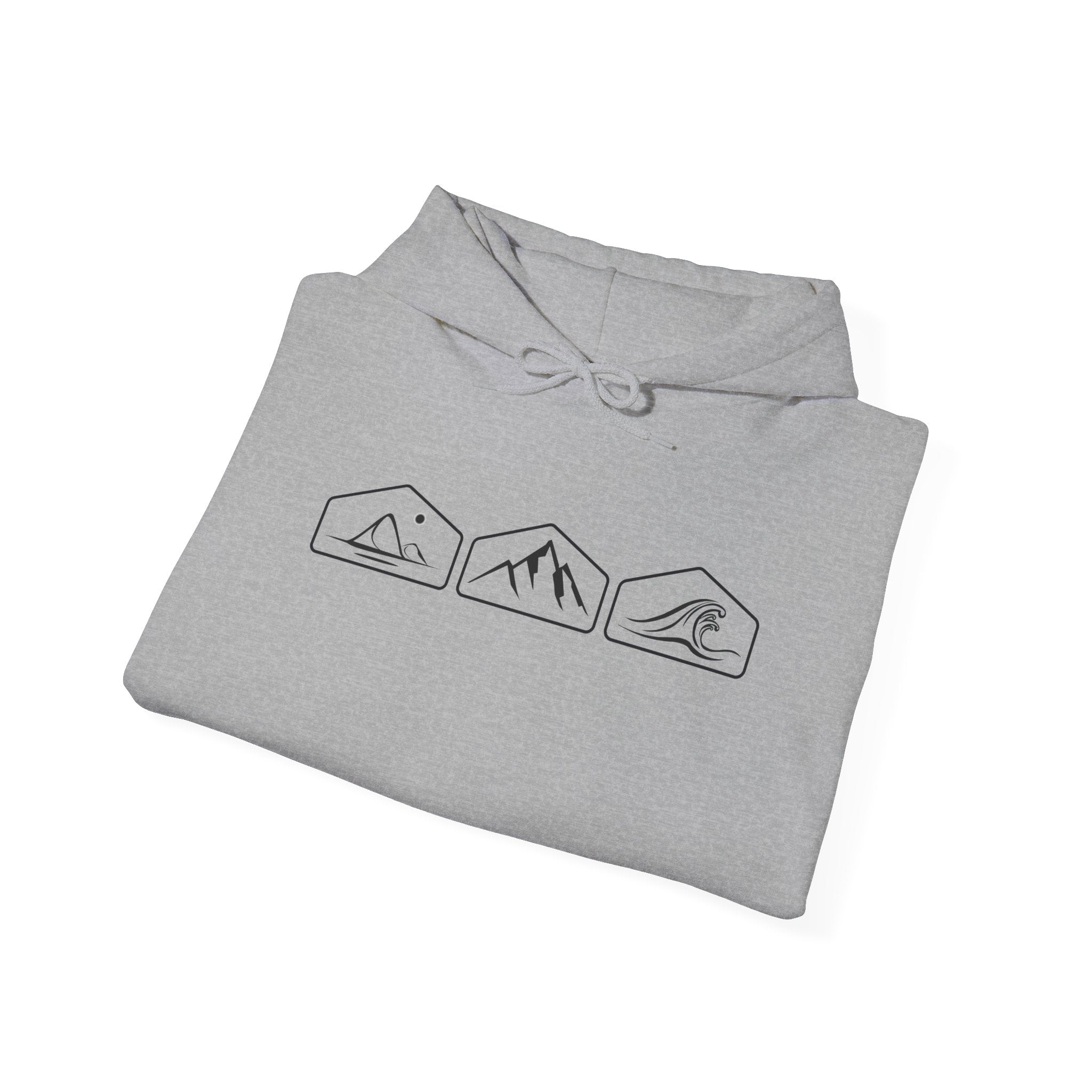 A folded gray hoodie with mountain, desert and wave design on a white background.